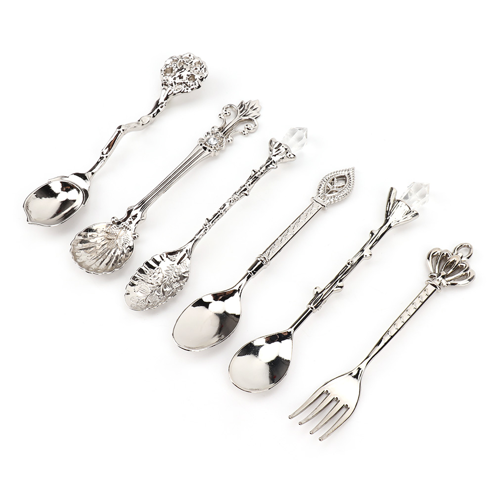 6-teiliges Set Innovatives Vintage-retro-besteckset Aus Zinklegierung, Löffel Und Gabel, Küchenaccessoire, Silber (gabelgriff Mit Krone)