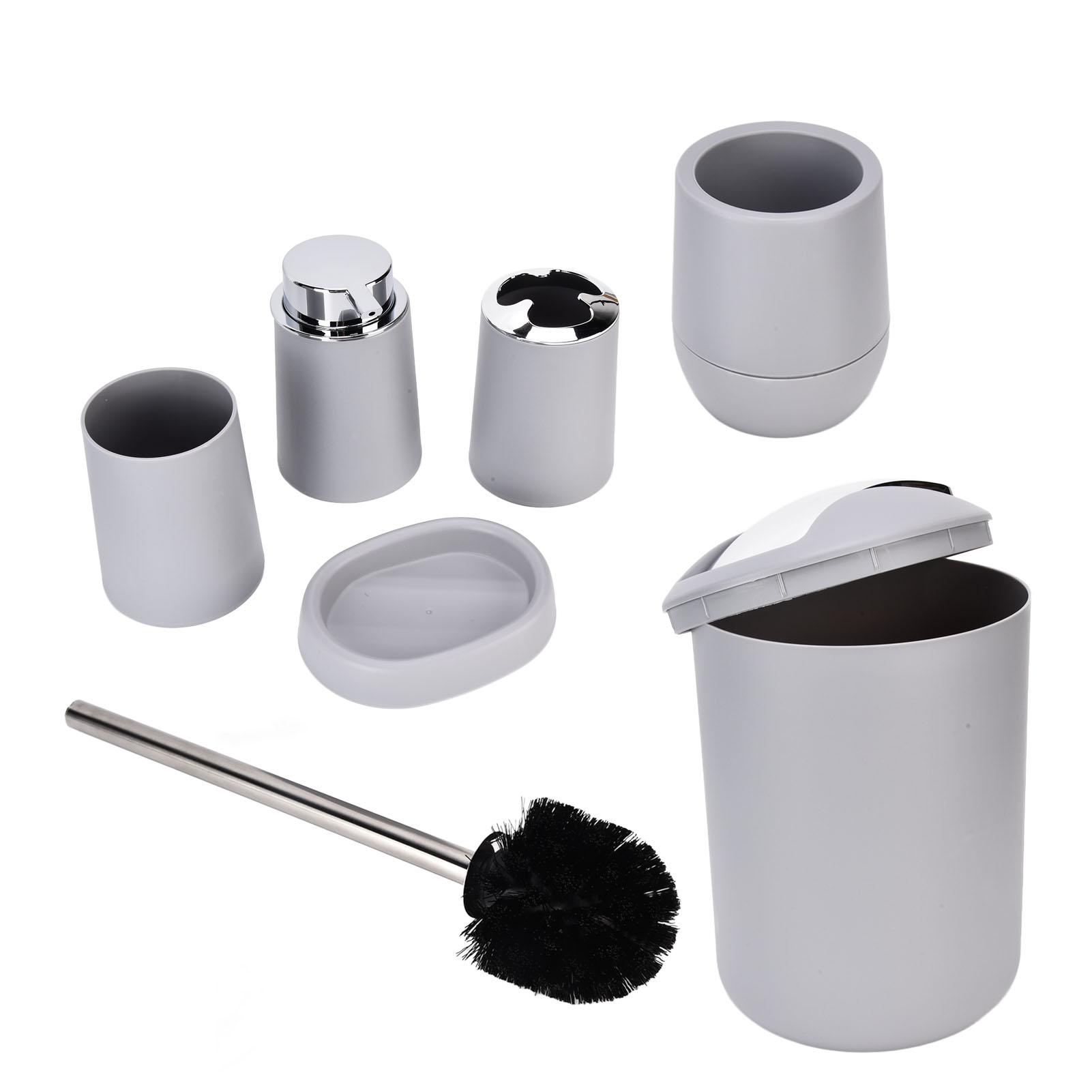 6-teiliges Badezimmer-/hotel-set: Verchromter Abfalleimer, Becher, Zahnbürstenhalter, Seifenschale, Graues Wc-set