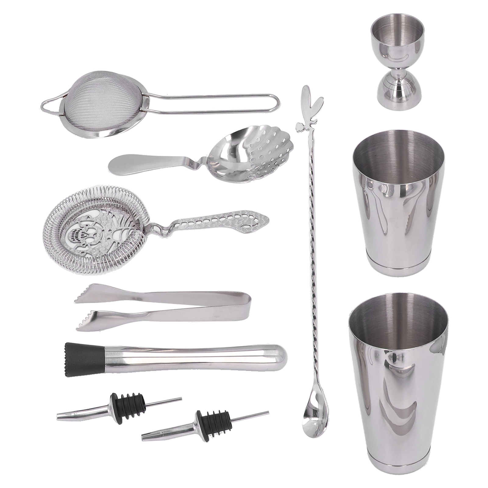 11-teiliges Cocktailset Inklusive Silbernem Boston-shaker, Cocktailshaker, Barsieb, Löffel, Indischem Rührglas Und Barzubehör.