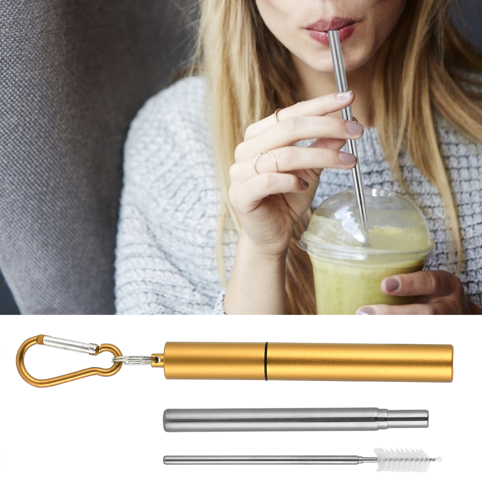 Wiederverwendbares, Einziehbares Edelstahl-trinkhalm-set (trinkhalm Mit Goldfarbenem Aluminiumetui + Bürsten-karabiner)