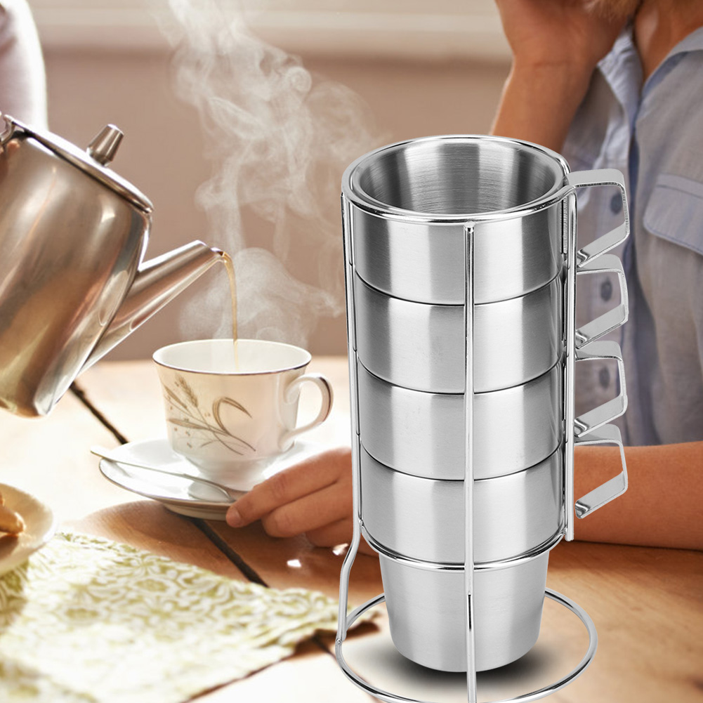 4er-set Robuste Edelstahl-kaffeebecher Mit Becherhalter Für Zuhause, Café Oder Kaffeebar
