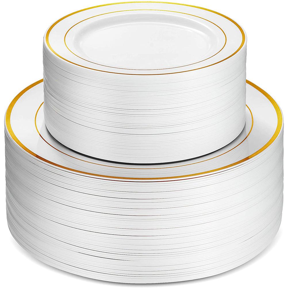50 Kunststoff-essteller Mit Silbernem Und Goldenem Rand, 25 Speiseteller (15 Cm) Und 25 Salatteller (23 Cm) Für Partys