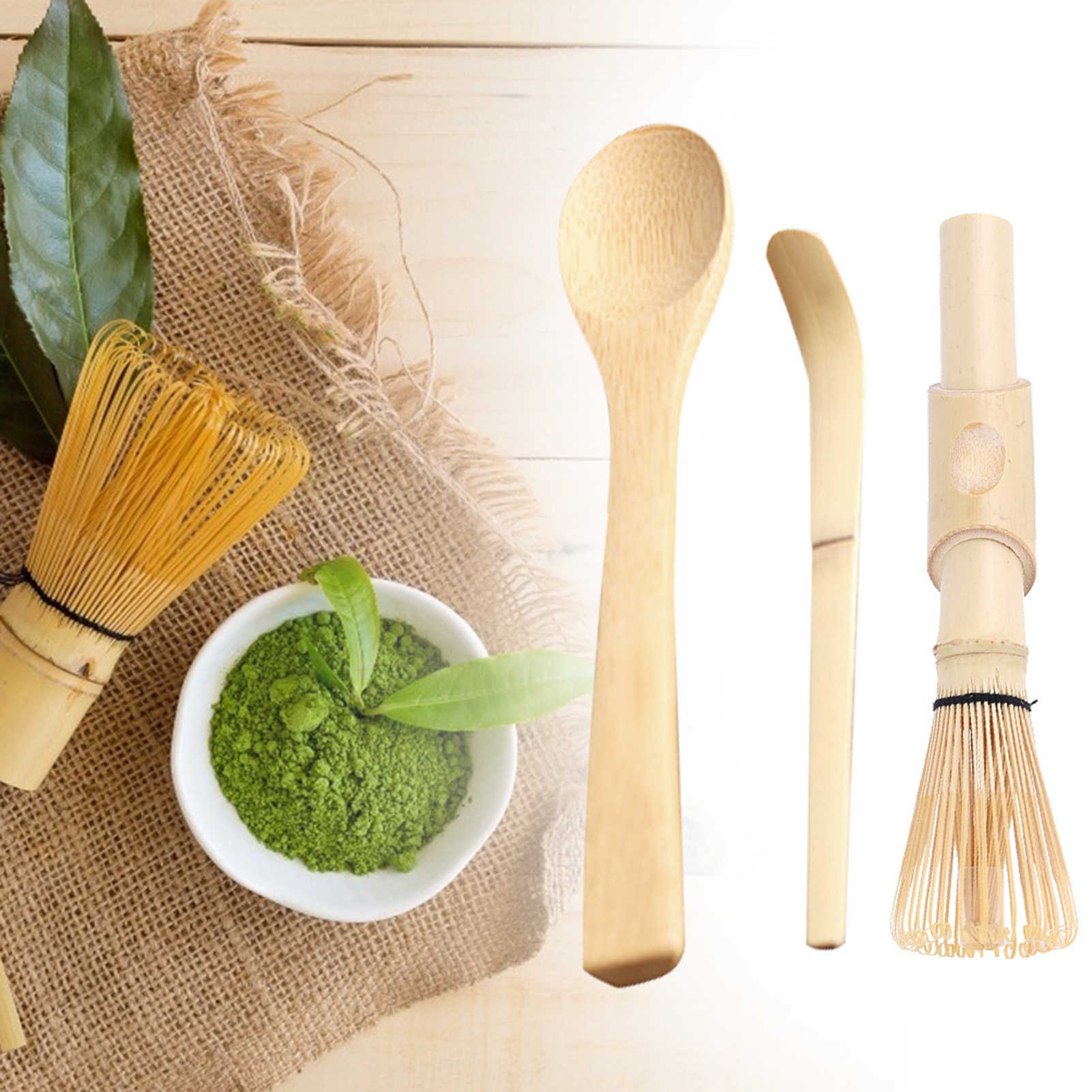 3-teiliges Matcha-set Aus Bambus: Matcha-teebesen, Gebogener Bambuslöffel, Chashaku-teelöffel