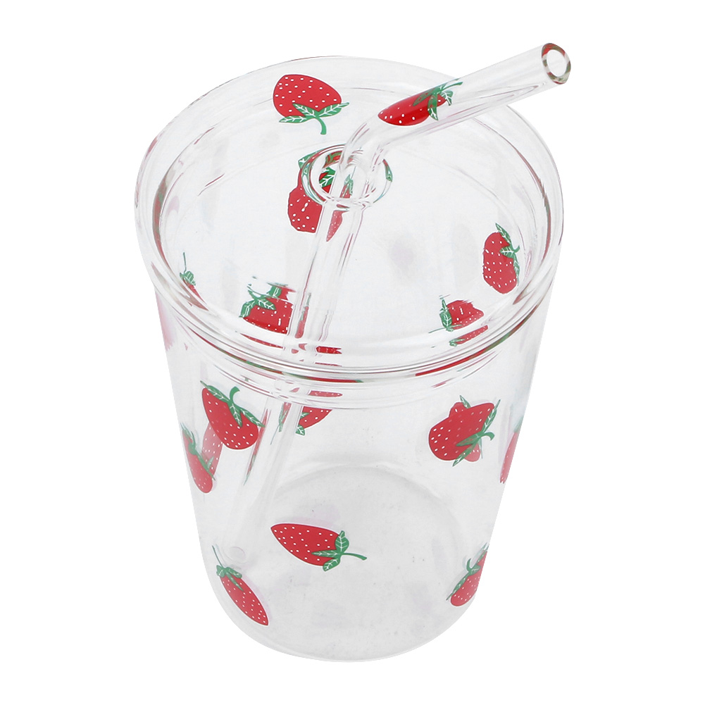 Hitzebeständiger, Transparenter Glasbecher Mit Erdbeermuster Für Kaffee, Saft, Wasser Und Strohhalmdeckel