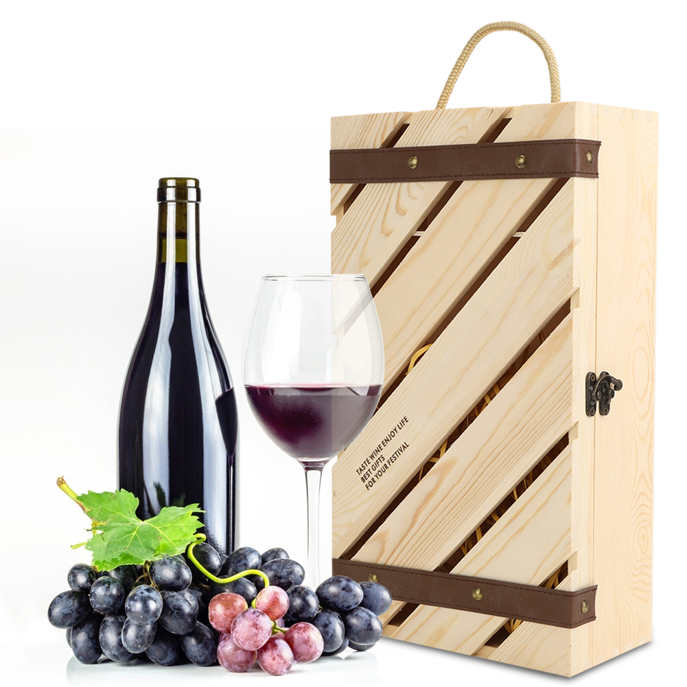 Rotweinkiste Aus Holz, Schräge Stange, Weingeschenkbox Mit Tragegriff, Für 2 Flaschen Wein