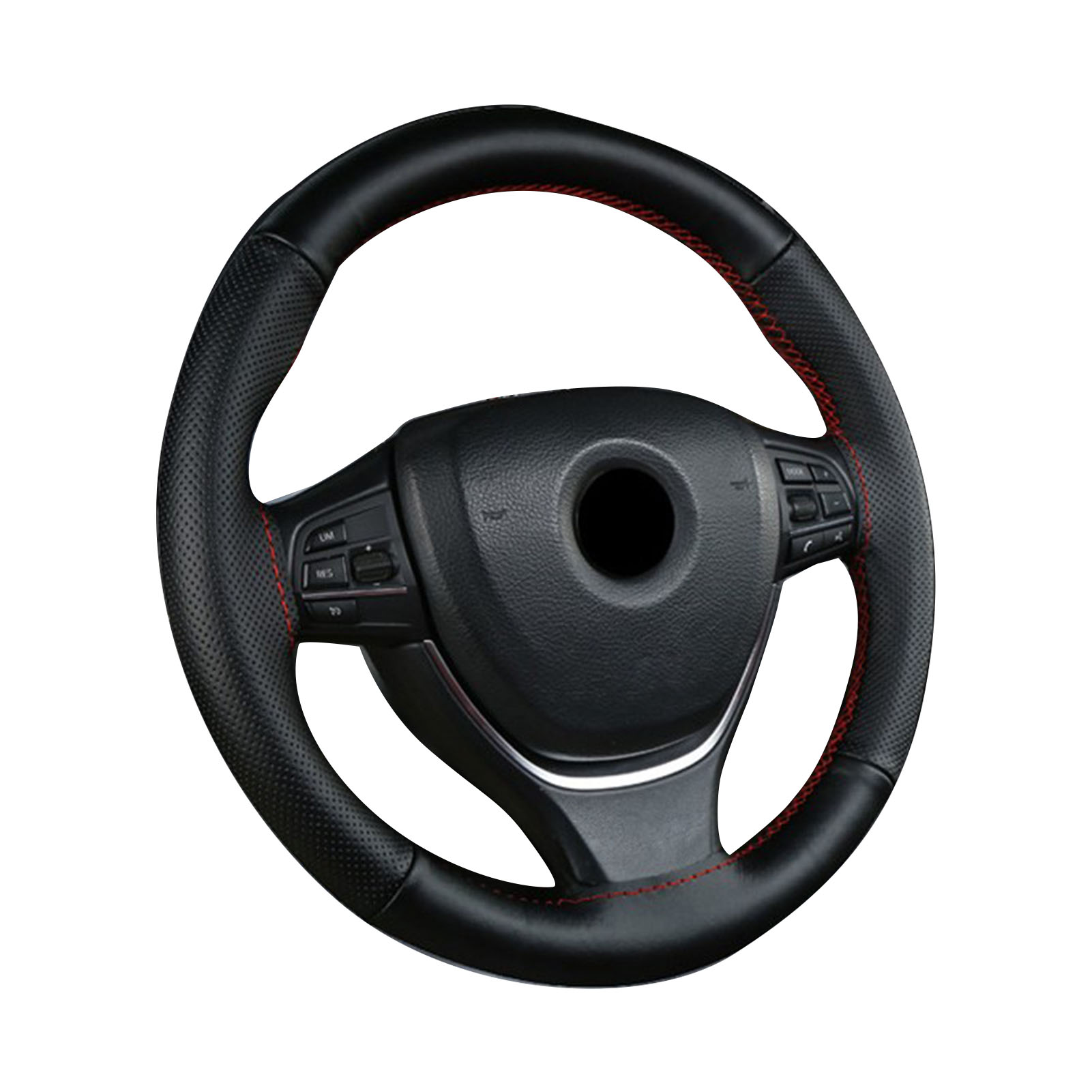 Housse De Volant De Voiture En Cuir Universel De 38 Cm, Surface Noire Avec Lignes Rouges, Toucher Confortable Et Respirante.