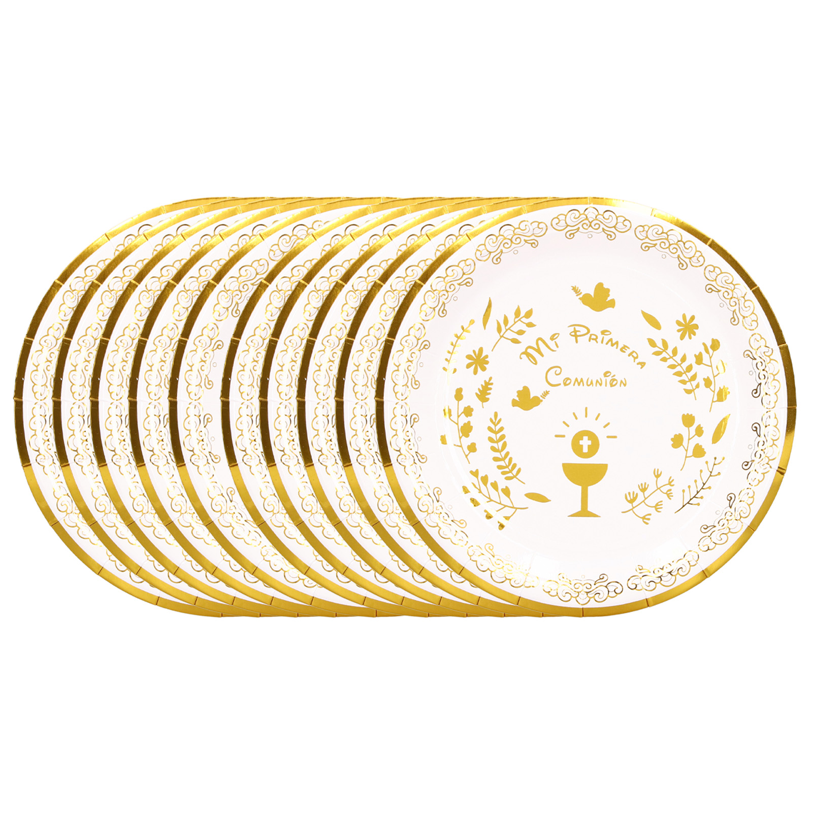 Heißgeprägte, Goldfarbene Pappteller, Set Mit 10 Stück, Für Die Spanische Kommunion Mi Primera Comunión, Einwegteller.