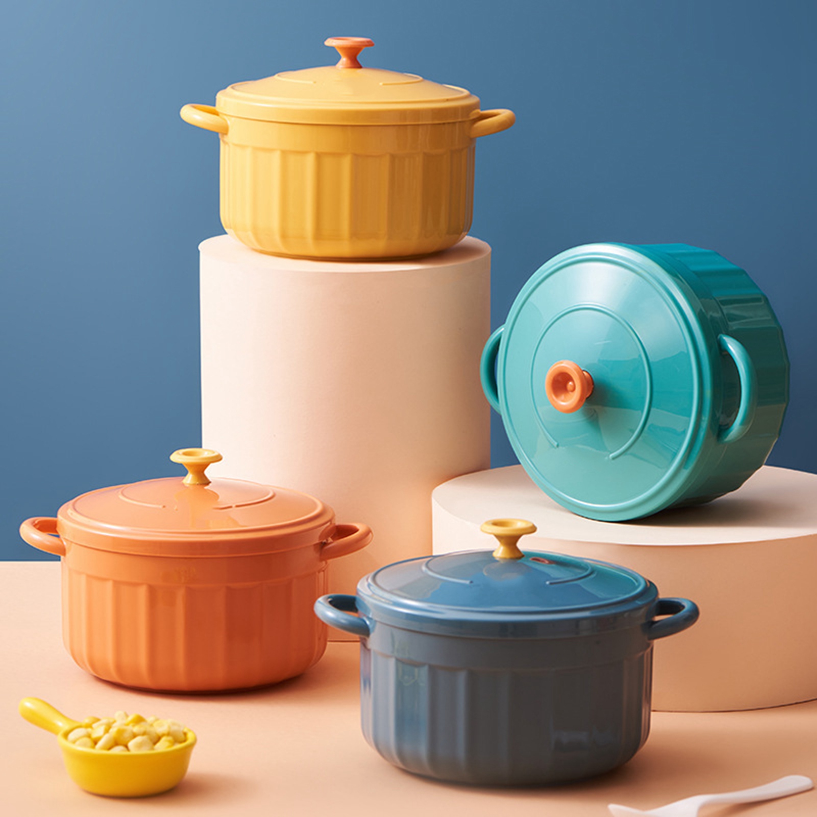Nudelschüssel Mit Deckel Und Griffen, Große Ausführung, Pfauenblau, Japanischer Stil, Emailliert, Ideal Für Studentenwohnheim Und Zuhause.