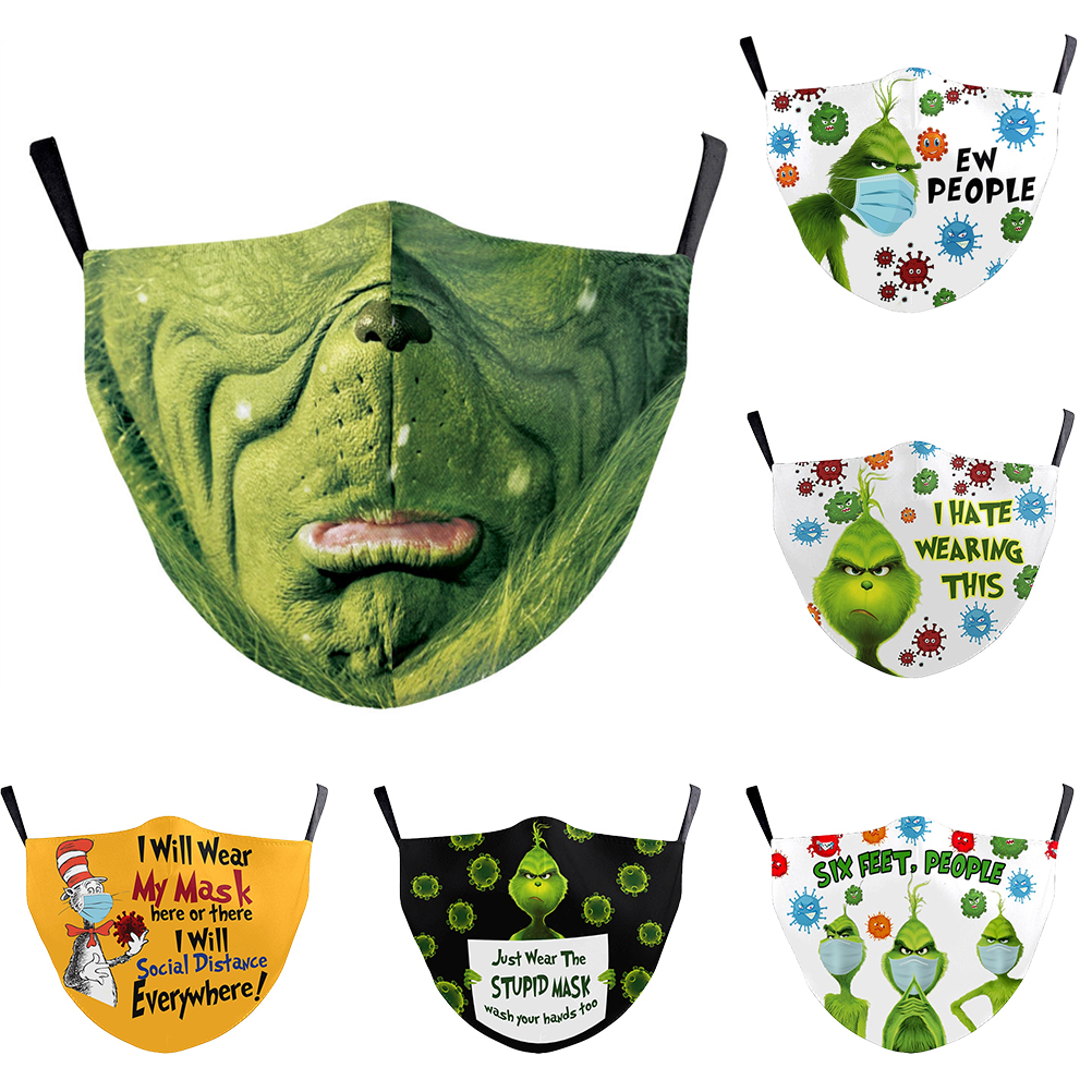 Set Mit 6 Waschbaren Gesichtsmasken Aus Baumwolle Mit 3d-digitaldruck Eines Grünen Monsters Für Halloween Und Weihnachten, Staubschutz Mit Filtertasche
