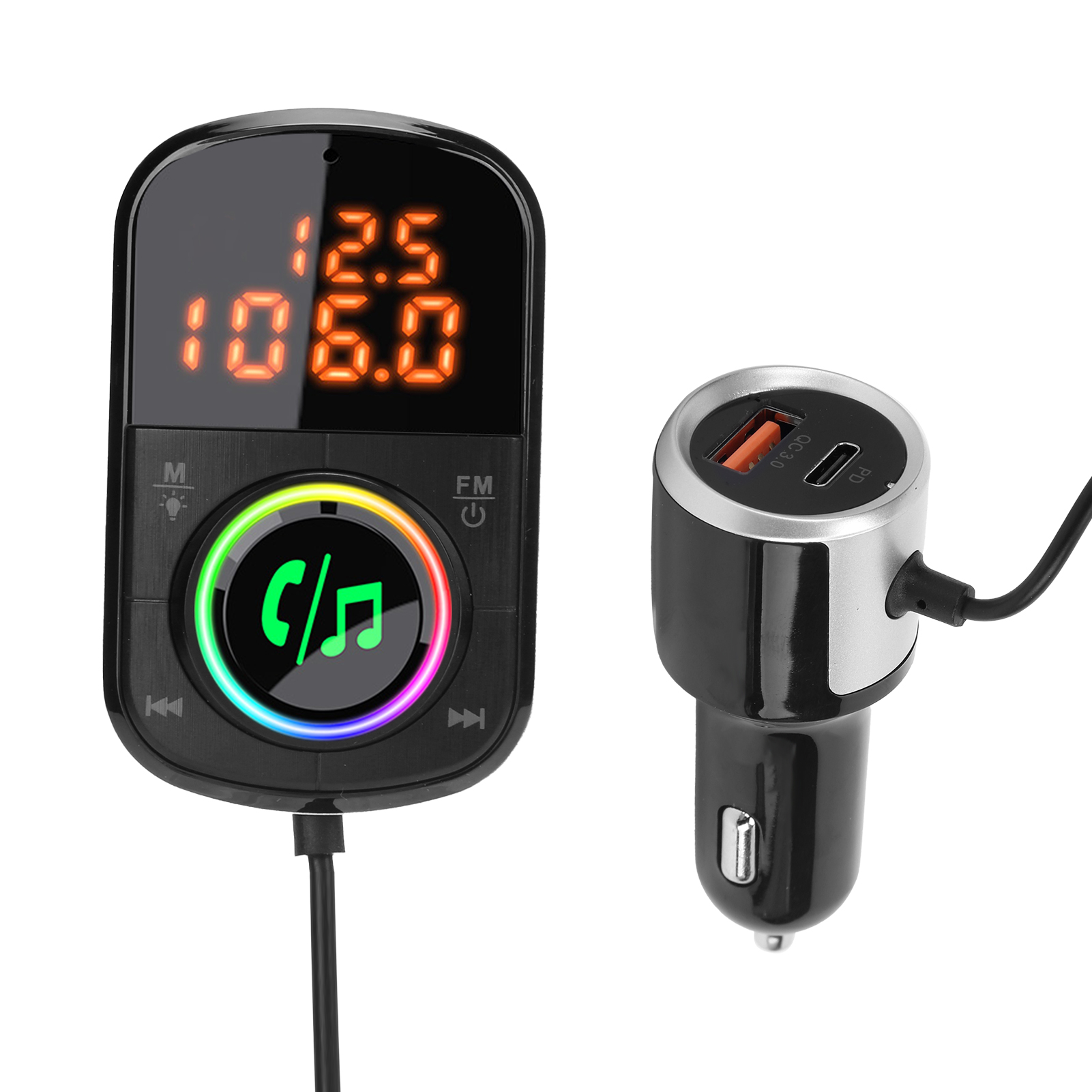 Bluetooth-fm-transmitter 12–24 V, Freisprecheinrichtung, Pd3.0/qc3.0-schnellladung, Lcd-bildschirm Mit Mehrfarbigen Leds