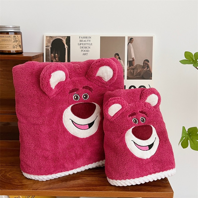 2-teiliges Badetuchset, Niedliches Bärenmotiv, Hanfspitze, Weich Und Saugfähig, Korallenrotes Fleece