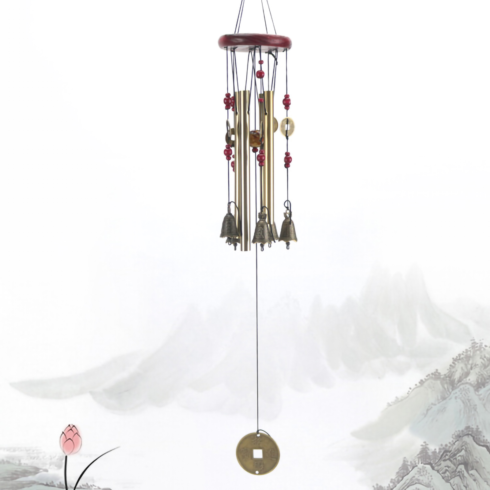 Mehrröhren-windspiel Aus Aluminium Mit Goldener Holzverzierung, Ideal Für Hütte, Haus, Tür Und Fenster.
