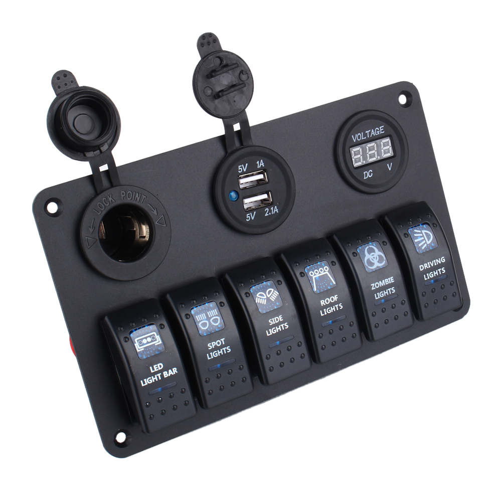 6-wege-led-wippschalterpanel Für Auto/boot Mit Usb-anschluss, Zigarettenanzünderbuchse Und Voltmeter
