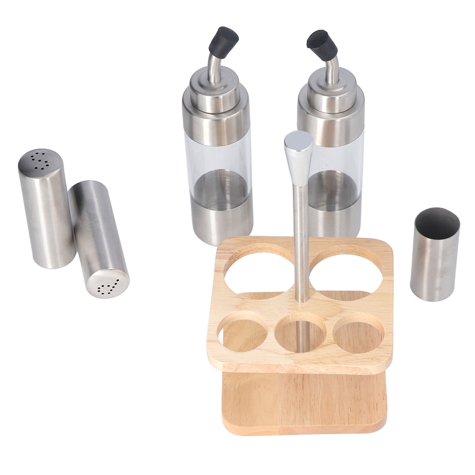 Gewürzflaschen-set Mit Holzständer, Edelstahl 304, Flaschenhalter Für Öl, Salz Und Sojasauce.