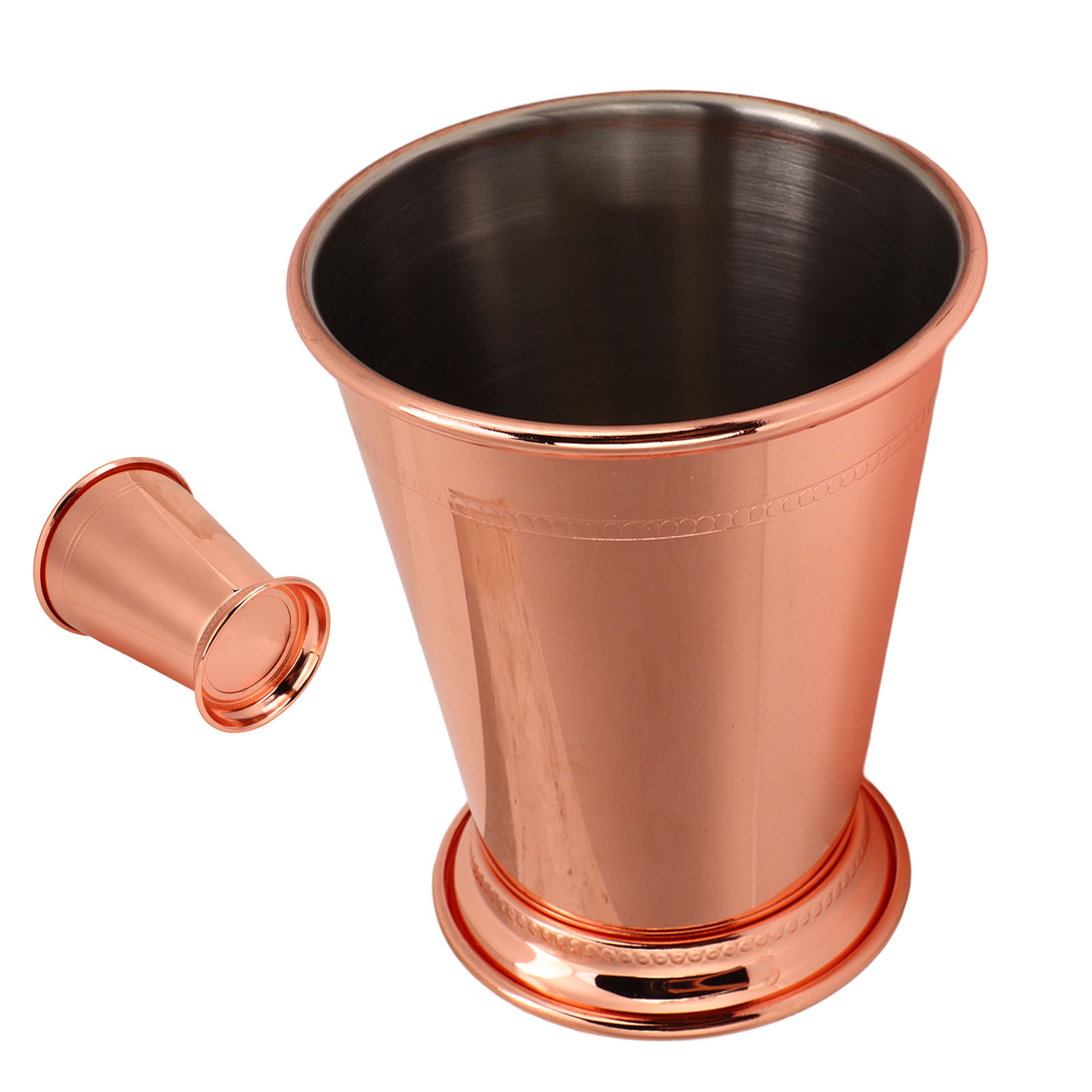 Metallisch Glänzender Mint Julep Becher Aus Edelstahl Mit Roségoldenem Farbton, Ideal Für Mojitos Und Sommergetränke.