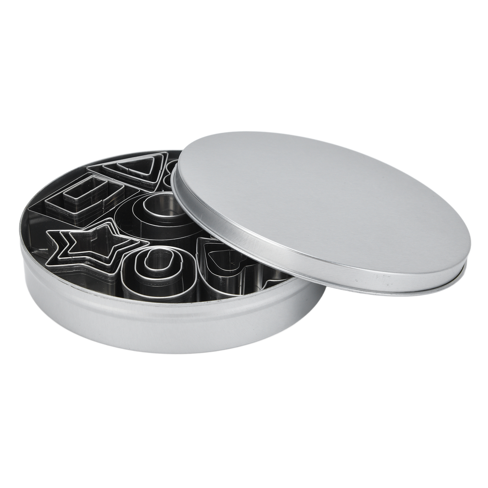 Set Mit 24 Ausstechformen Aus Edelstahl Für Kuchen, Kekse Und Zuckergebäck In Verschiedenen Formen, Verpackt In Einer Rechteckigen Weißen Schachtel.