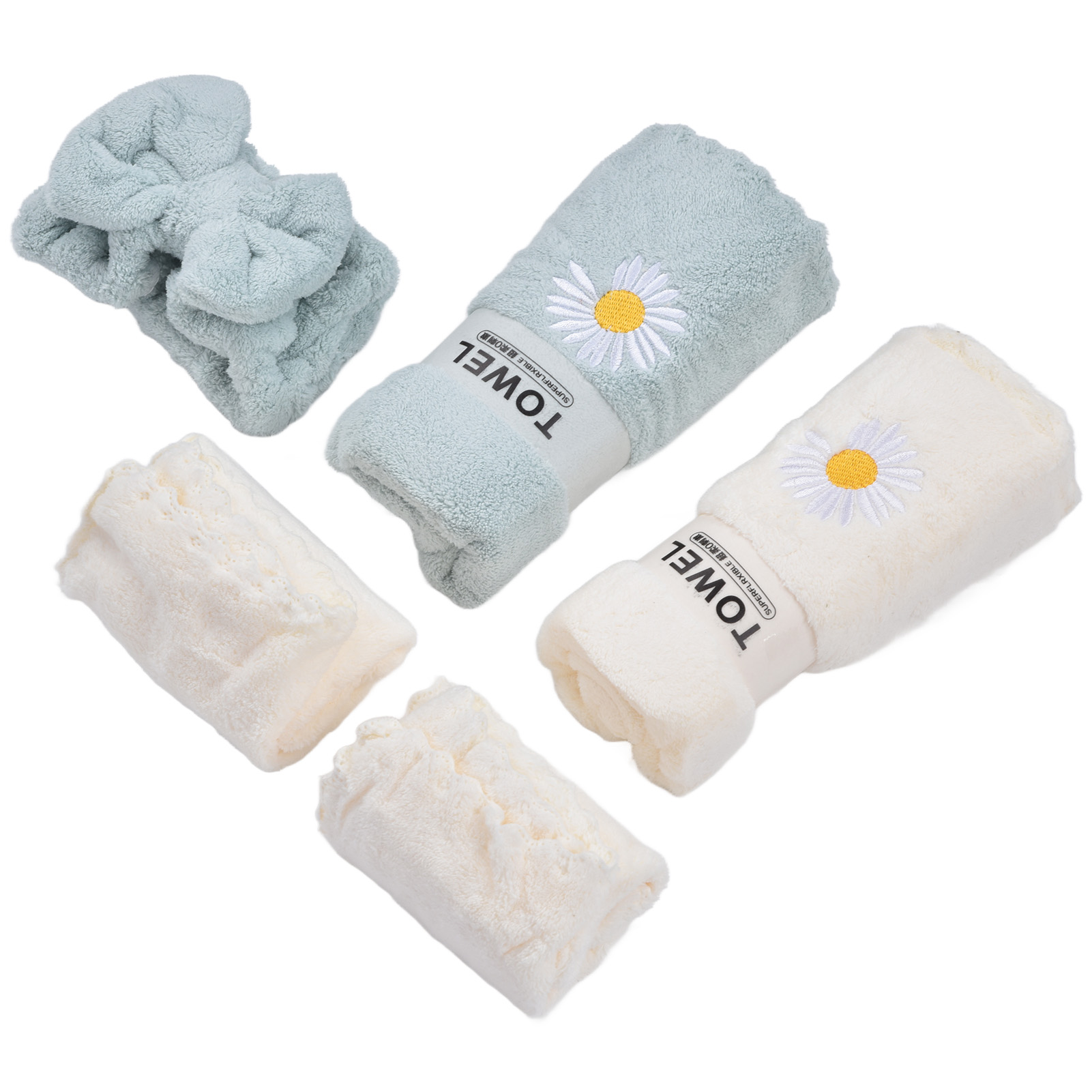 Set Aus 7 Bestickten Gänseblümchen-handtüchern, Weichem Mikrofaser-turban Und Wasserabsorbierender Geschenkbox.