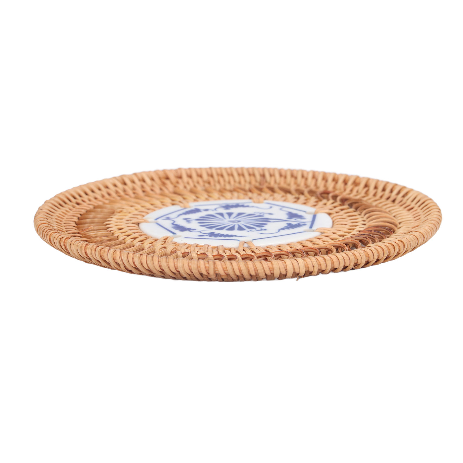Set Mit 6 Vietnamesischen Geflochtenen Rattan-untersetzern, Rund, Mit Blau-weißer Keramik, 13 Cm, Rutschfest, Tassenschutz, Lieferung Im Luftpolsterbeutel.