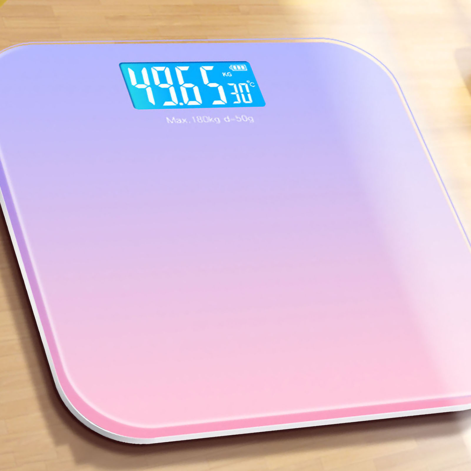 Elektronische Badezimmerwaage Aus Glas, Smarte Lcd-badezimmerwaage Mit Farbverlauf In Lila 26x26 Cm, Batterien Inklusive, 360°-schaumstoffschutz Und E-commerce-box, Waage Für Die Gesundheit Zu Hause.