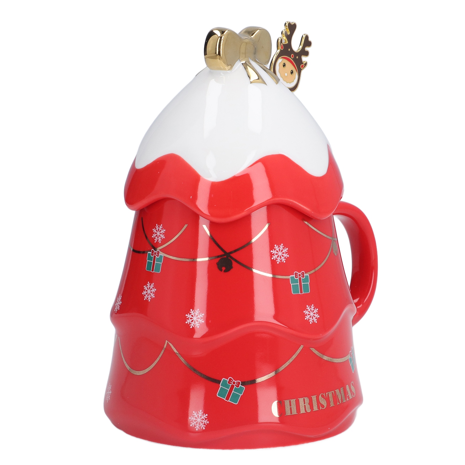Keramikbecher Mit Rotem Weihnachtsbaum, Deckel Und Löffel – Festliches Geschenkset Für Kaffee Und Zuhause, Originelles Weihnachtsgeschenk