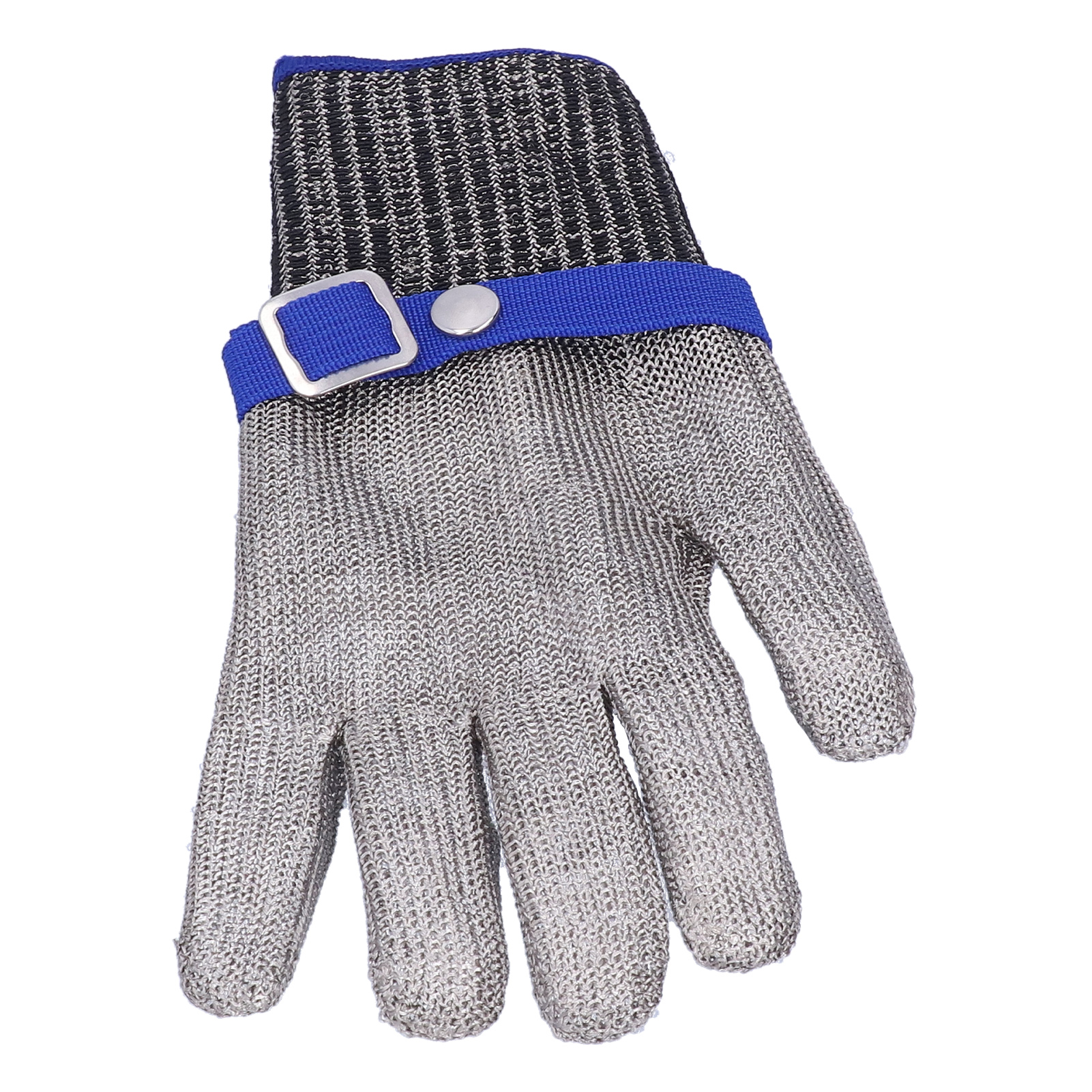 Schnittfeste Schutzhandschuhe Der Stufe 5 Aus Edelstahldraht, Mit Metall Umflochten, Mit Blauem Rand Und Verschluss, Größe Xl.