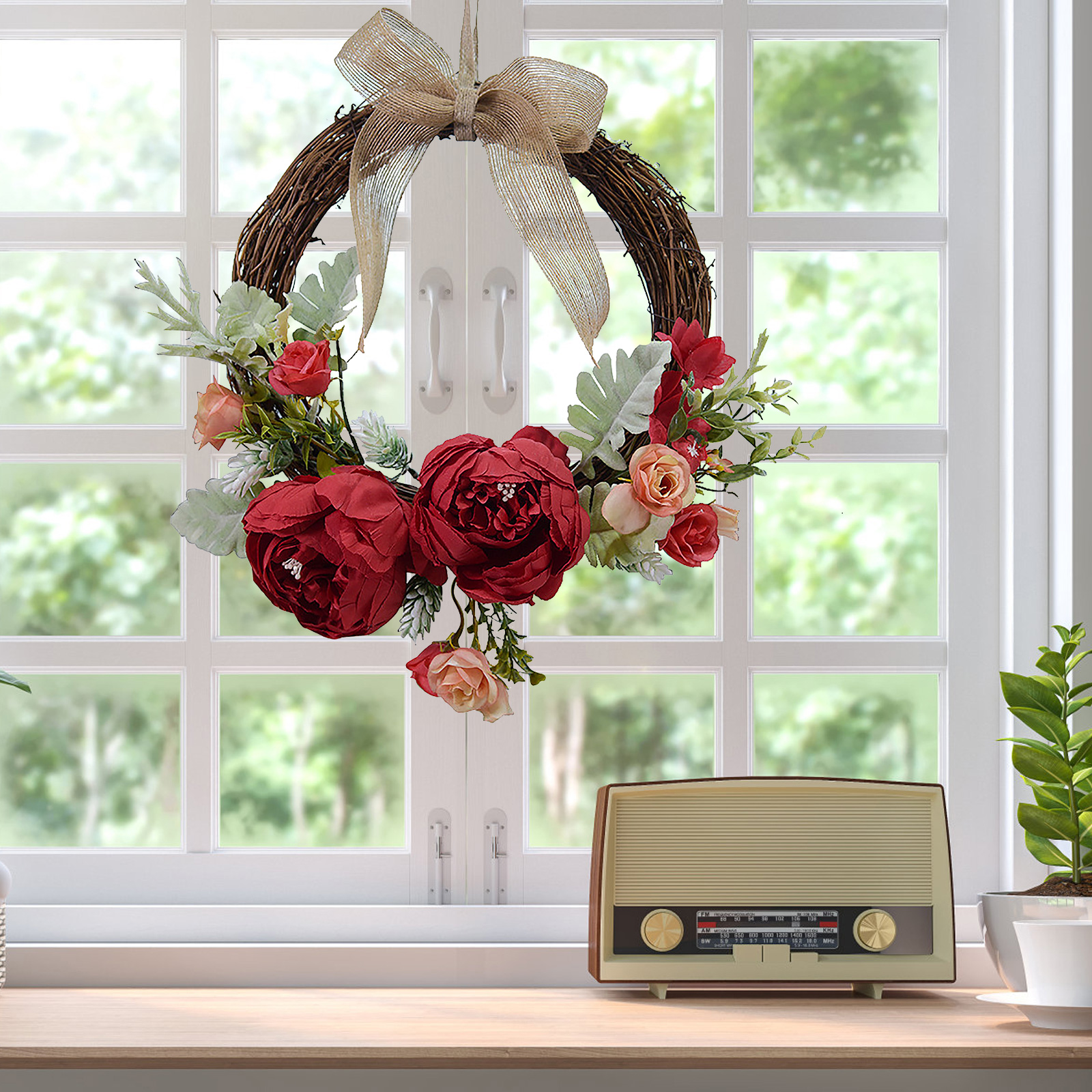Künstlicher Orangefarbener Pfingstrosenkranz – Stoffblumen An Einem Rattanring, 26 Cm Durchmesser, 8 Cm Blüten, Elegante Blumendekoration