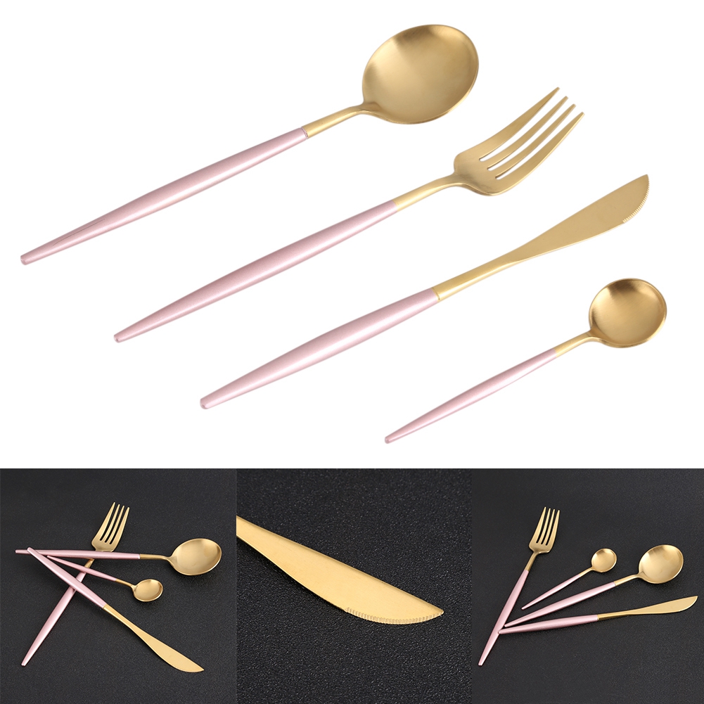 4-teiliges Edelstahl-besteckset, Farbig, Löffel, Gabel, Messer, Essgeschirr Für Den Hausgebrauch, Rosa + Gold