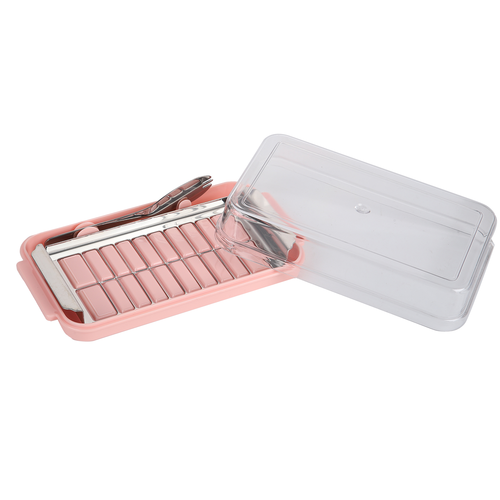 Butterbehälter Mit Transparentem Deckel, Butterausstecher Mit Gittereinsatz, Würfelbutter-aufbewahrungsset, Rosa Hintergrund