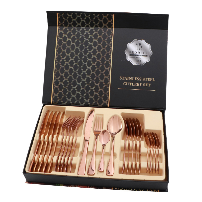24-teiliges Besteckset Aus Poliertem Edelstahl, Bestehend Aus Steakmesser, Gabel Und Löffel, Für Den Restaurantgebrauch, Roségold