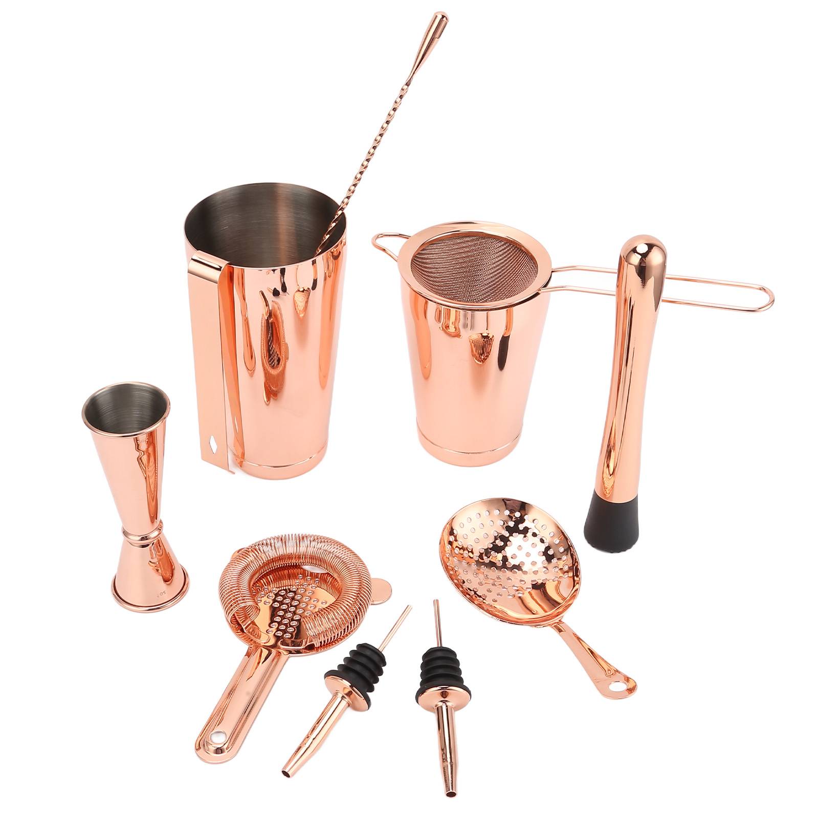 11-teiliges Barset Inklusive Cocktailshaker Aus Roségoldenem Edelstahl, Eissieb Und Filter Sowie Barzubehör Für Die Mixologie.
