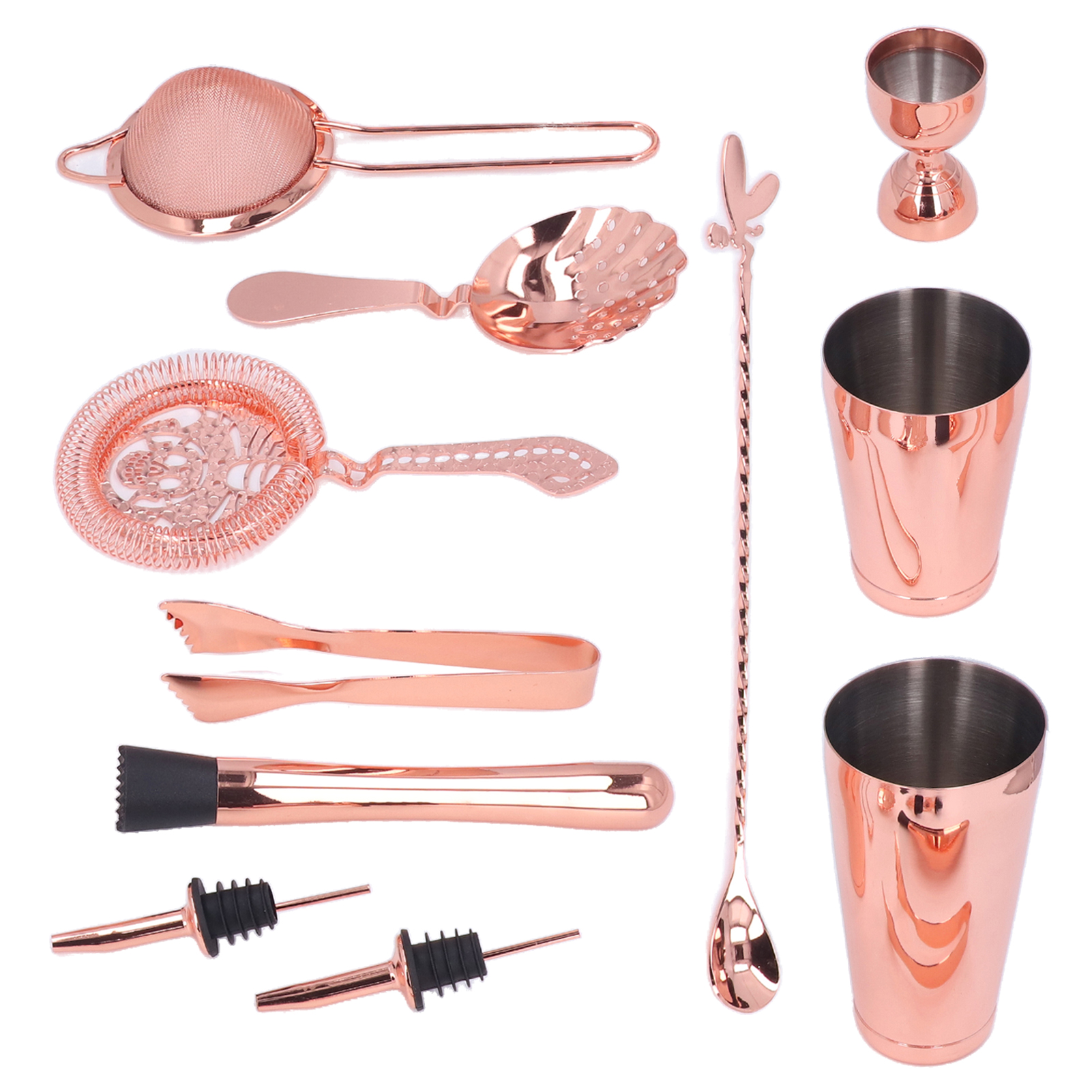 11-teiliges Set Bestehend Aus Boston-cocktailshaker, Indischem Rührglas, Sieb, Jigger, Löffel Und Stößel In Roségold Für Die Bar.