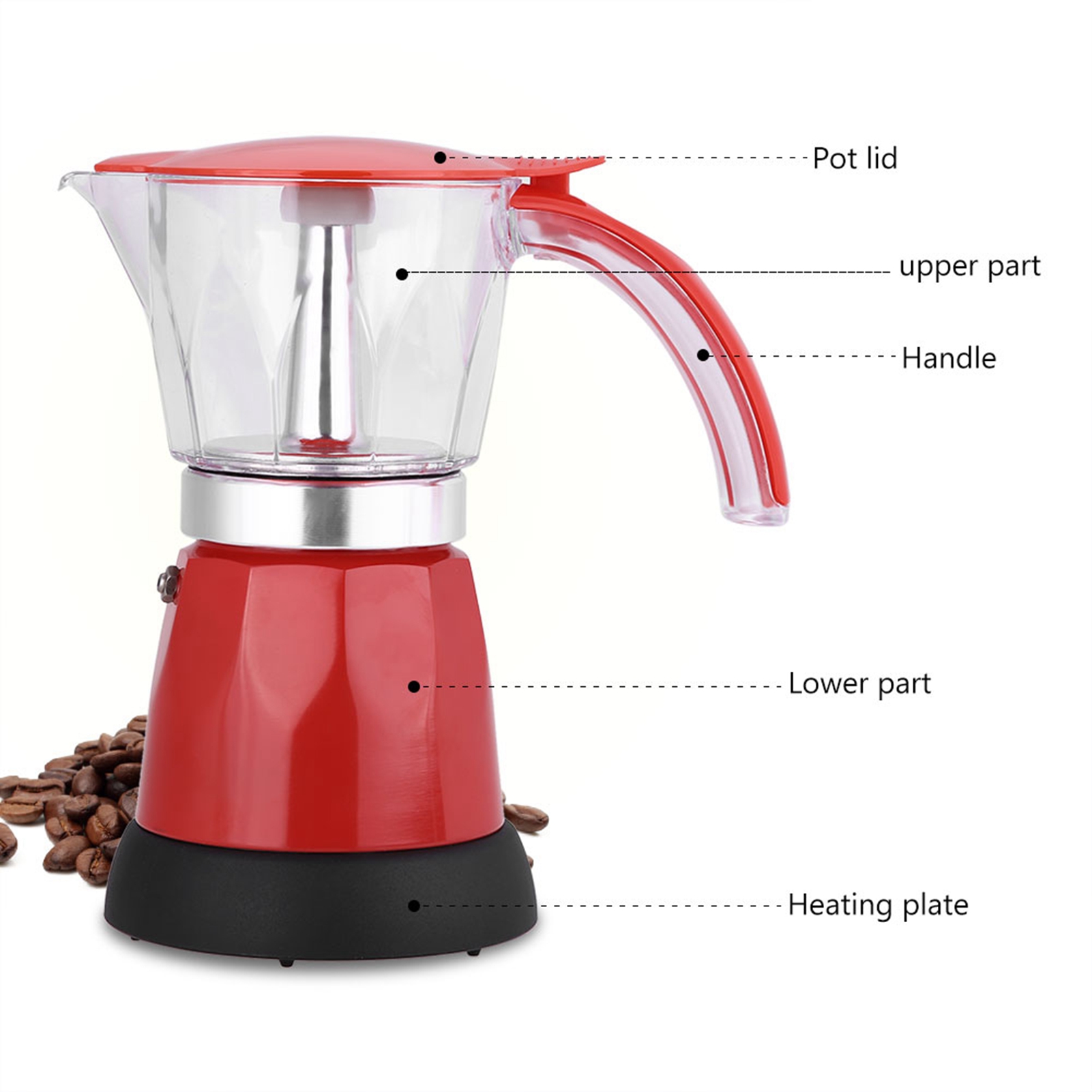 300 Ml/6 Tassen 480 W Elektrische Espressokanne Mit Abnehmbarem Deckel, Rot