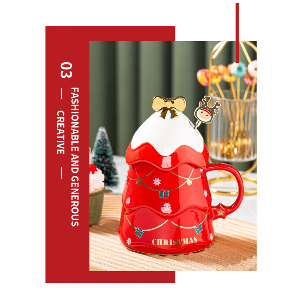 Keramikbecher Mit Weihnachtsbaummotiv, 500 Ml Roter Kaffeebecher Mit Deckel Und Löffel, Weihnachtsgeschenkset