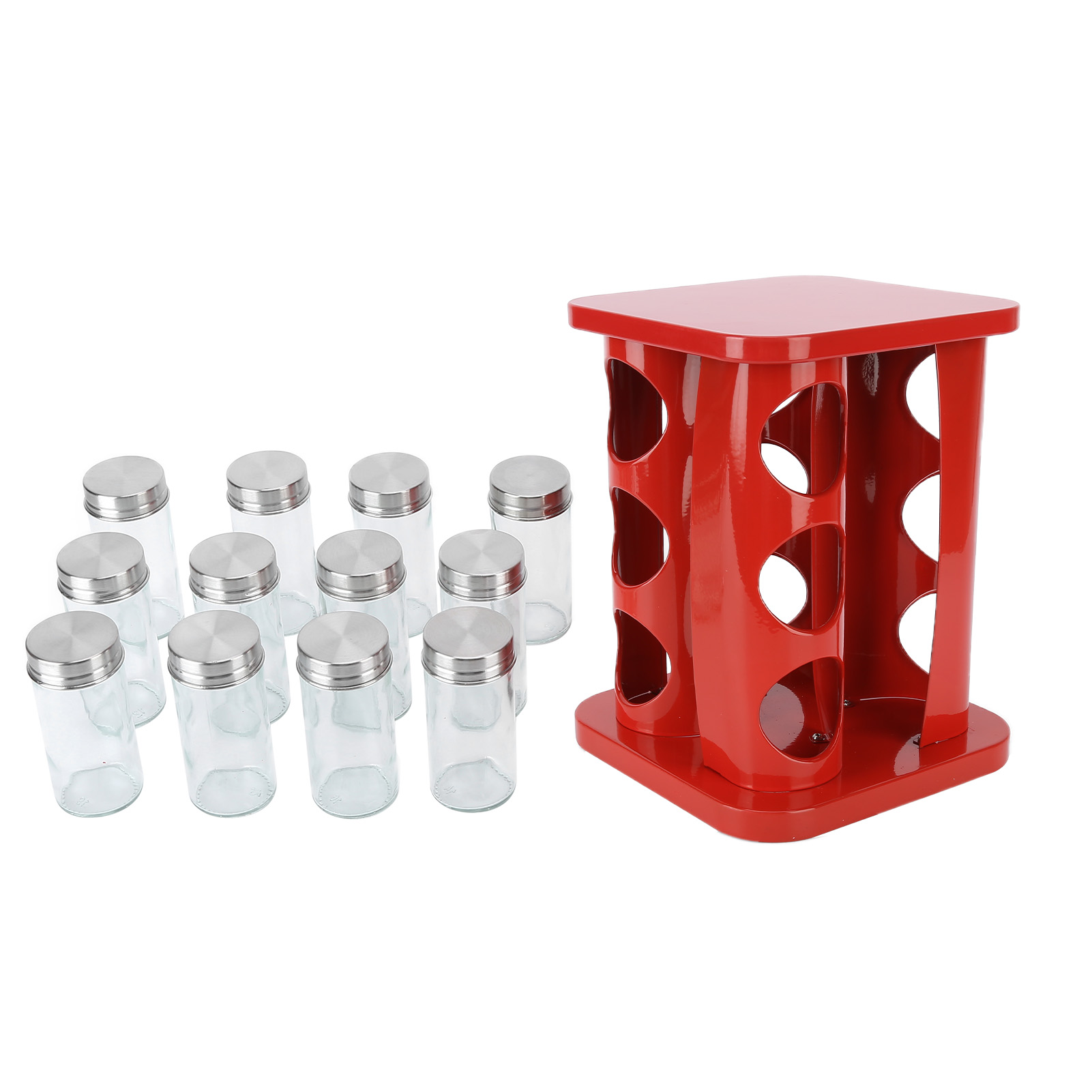 Set Mit 12 Gewürzgläsern Aus Glas Und Edelstahl, Drehbare Würzflaschen, Rote Küche, Schwere Qualität