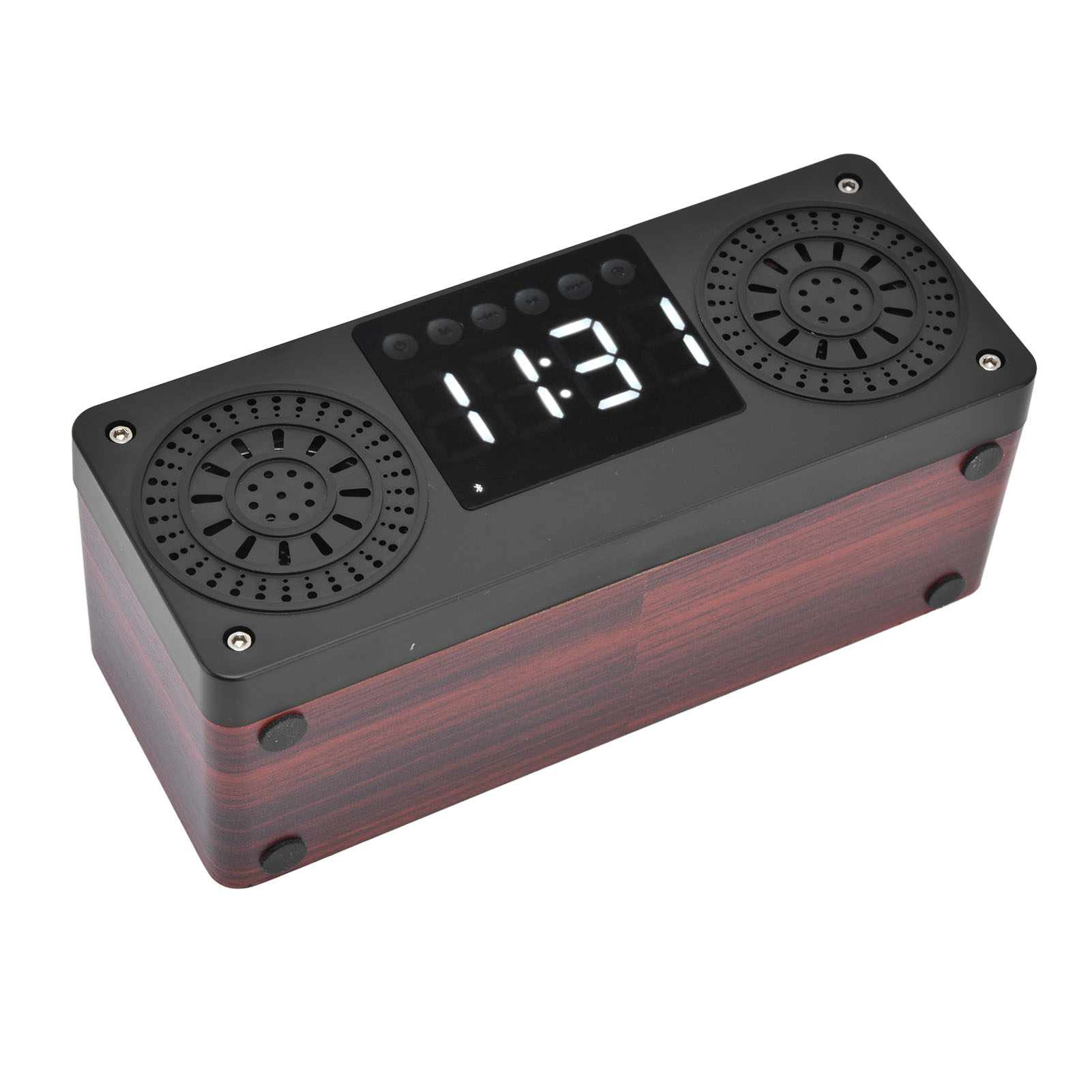 Bluetooth-lautsprecher Aus Holz Mit Zwei Lautsprechern, 360°-subwoofer, Led-digitaluhr, Usb-ladefunktion Mit Eingebautem Akku, Rot.