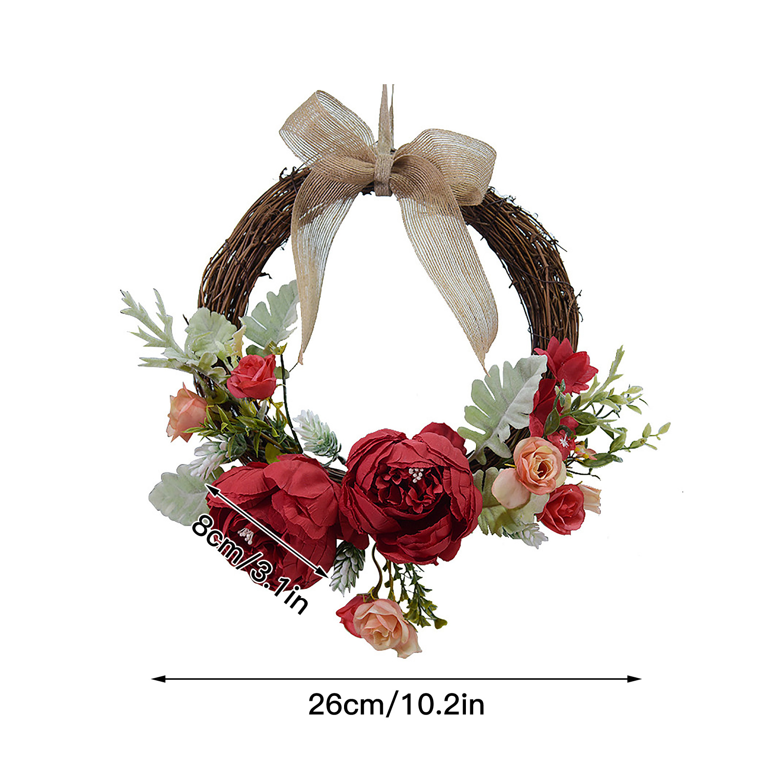 Künstlicher Roter Pfingstrosenkranz Aus Satin, Rattanring, 26 Cm Durchmesser, 8 Cm Blüten