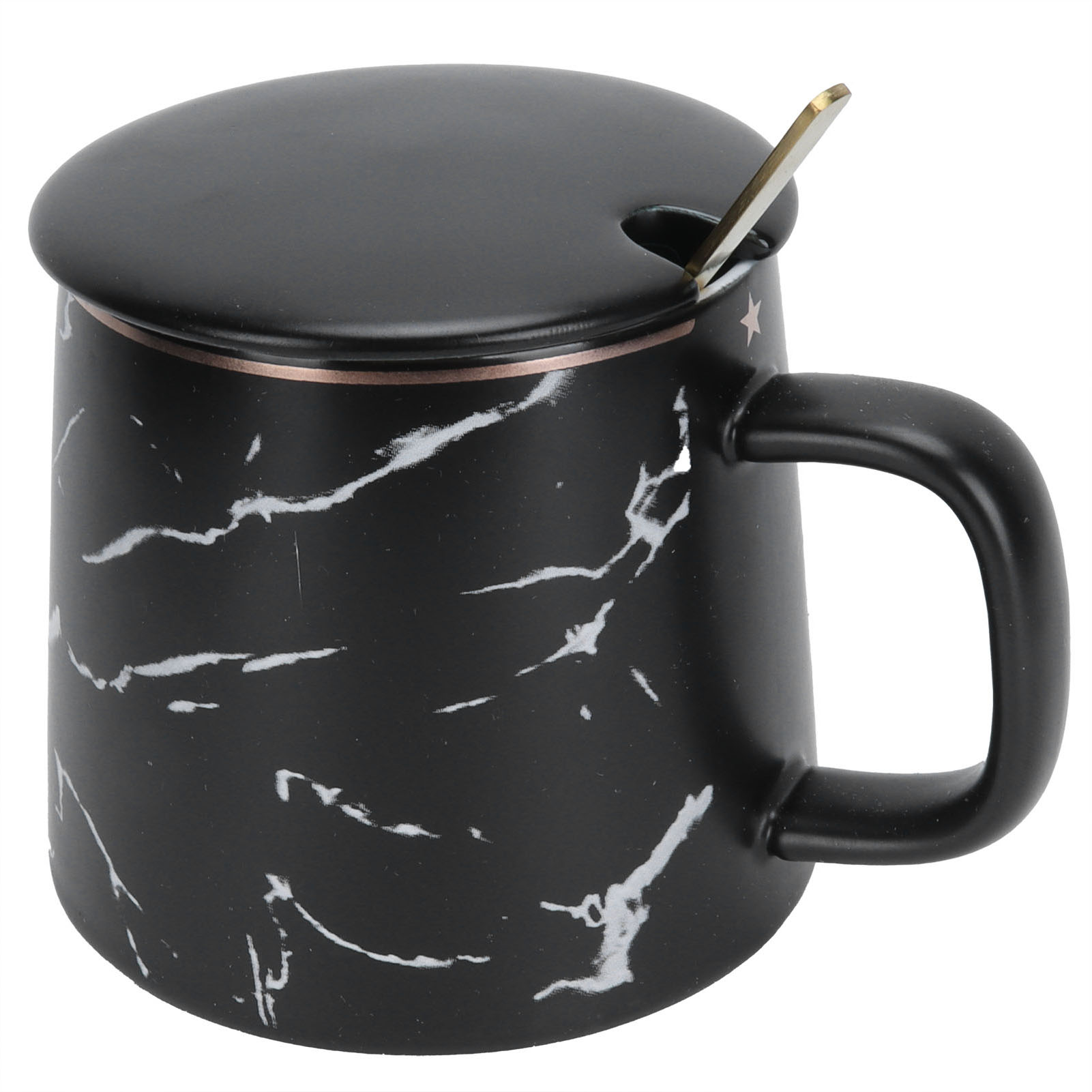 Marmorierter Keramikbecher Mit Löffel Und Deckel, Ideal Für Zuhause, Reisen, Büro Und Outdoor. Schwarz.