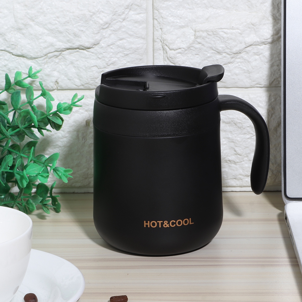 Doppelwandiger, Vakuumisolierter Edelstahl-kaffeebecher Mit Henkel Für Zuhause Und Büro, Schwarz, 350 Ml