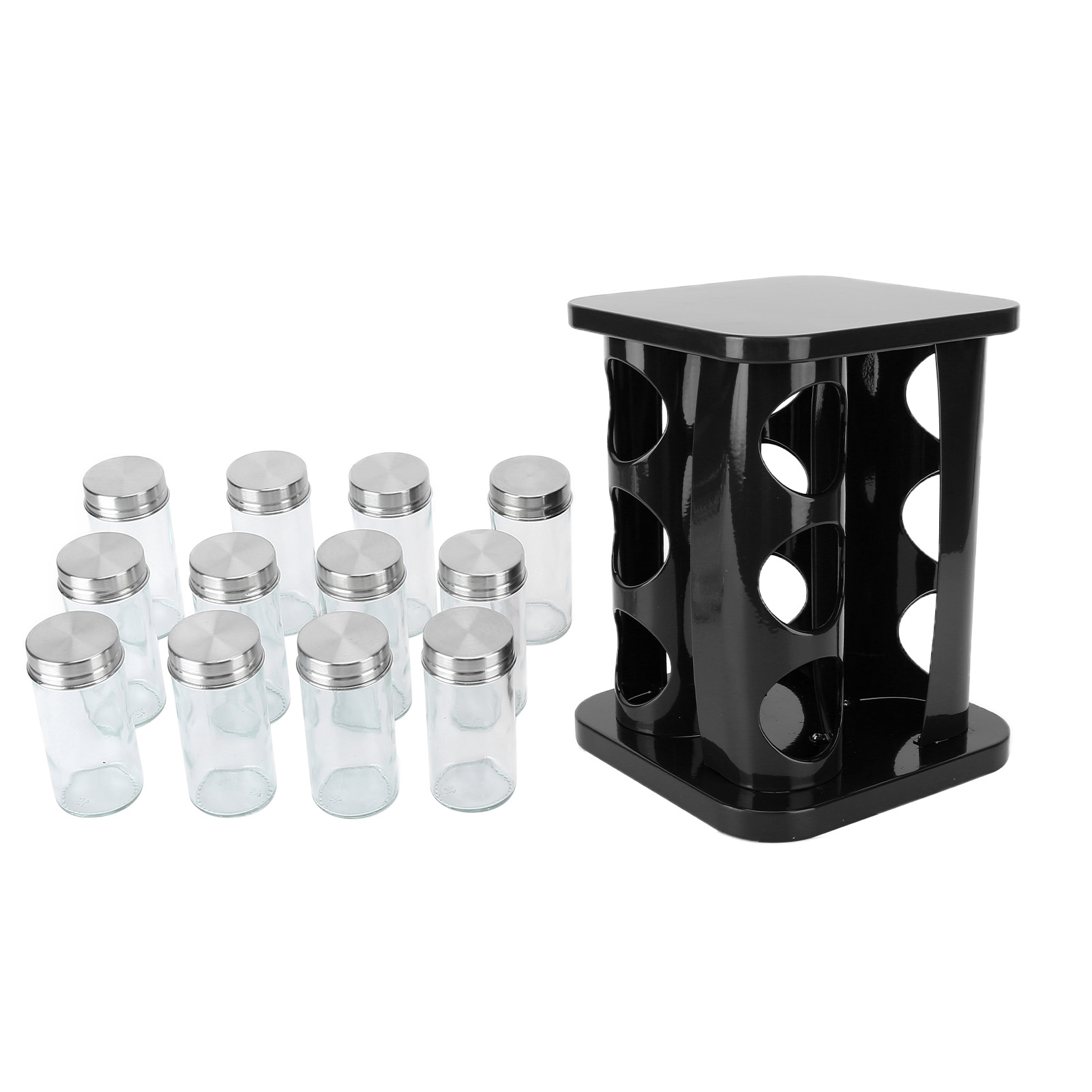 Set Mit 12 Gewürzgläsern Aus Glas Und Edelstahl Mit Drehbaren Deckeln, Schwarz, Für Die Heimische Küche