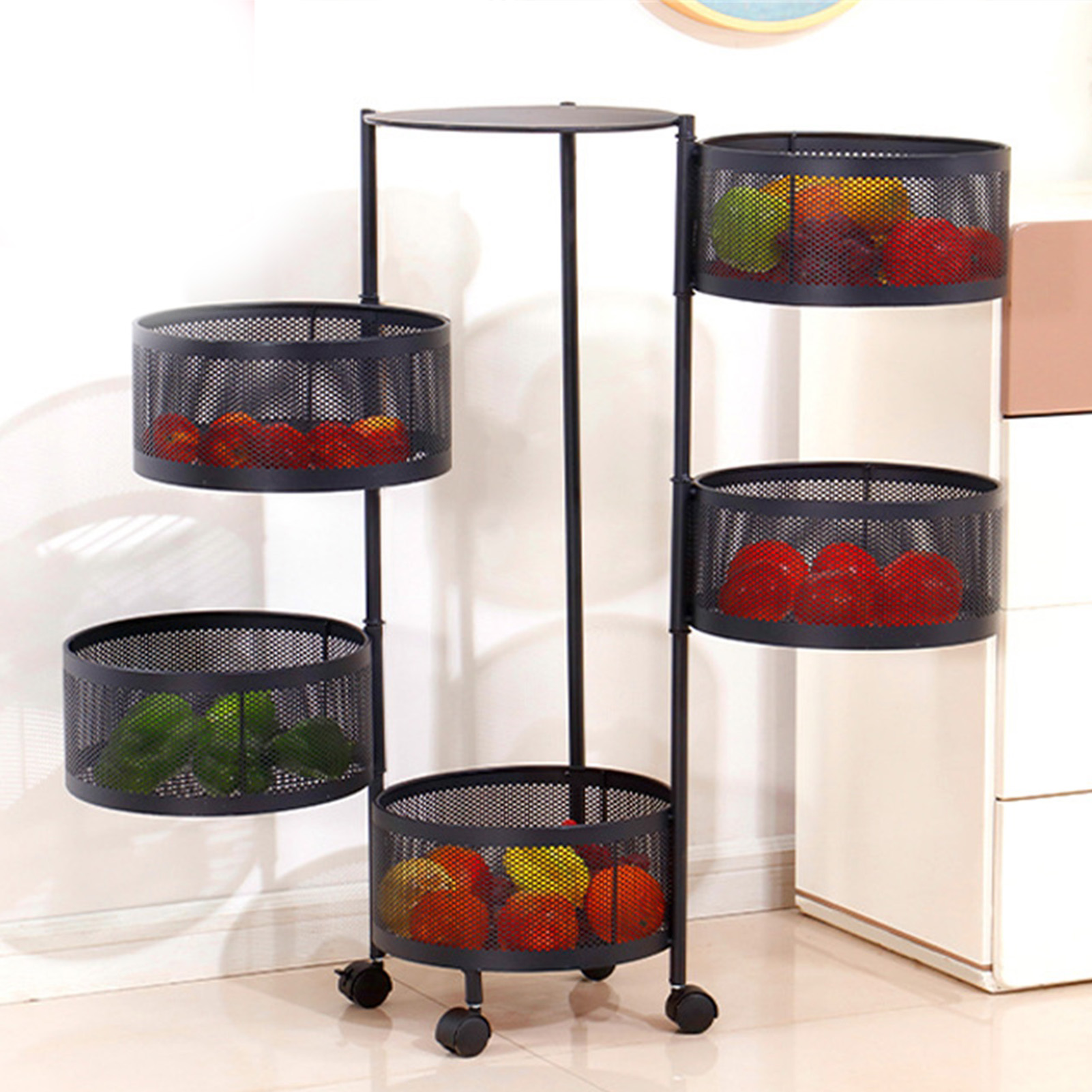 Schwarzes, 5-stufiges, Drehbares Rundes/quadratisches Küchenregal, Mobiles Aufbewahrungsregal Für Snacks Und Gemüse, Mehrstufiges Vertikales Design.