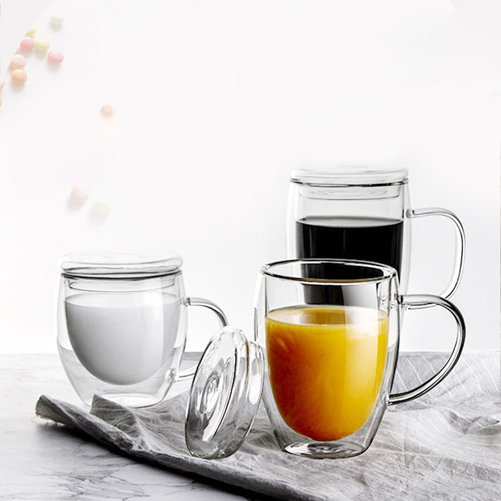 350-ml-doppelwandglas Mit Bambusdeckel, Durchsichtiger Saftbecher, Dickwandiger Kaffeebecher, Isoliertes Milchglas