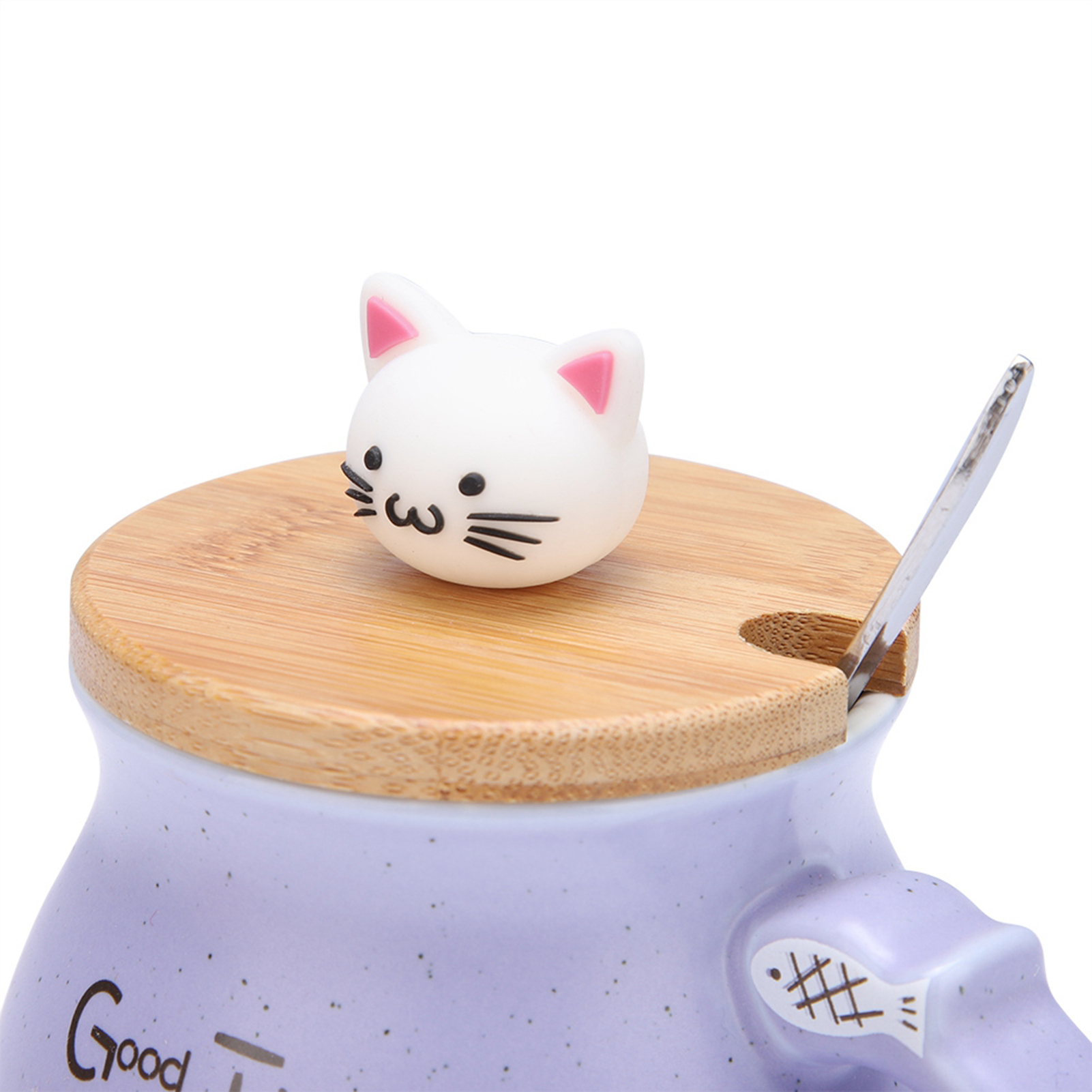 Stück Hübsche Keramiktasse Mit Katzenmotiv, Löffel Und Deckel, Ideal Für Kaffee, Wasser Und Milch, Als Geschenkidee (lila)