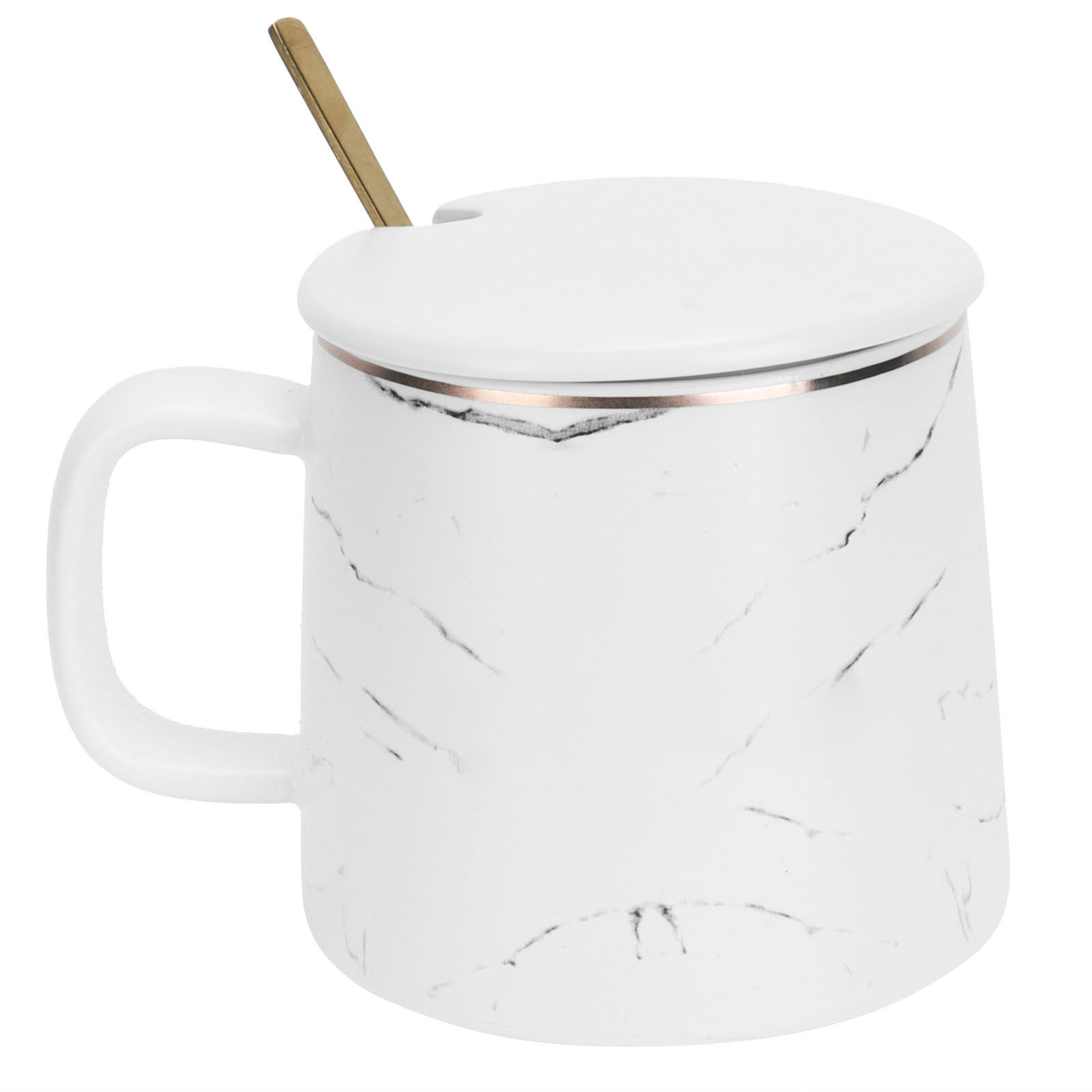 Marmorierter Keramikbecher Mit Löffel Und Deckel, Ideal Für Zuhause, Reisen, Büro Und Outdoor. Weiß.