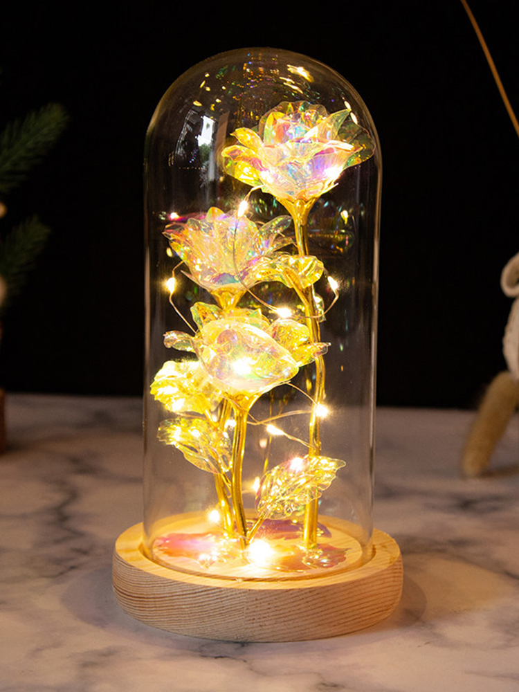 Warmweiße Led-lampe Aus Naturholz, 3 Goldene Blüten, Glaslampenschirm, Geschenkidee Zu Weihnachten, Valentinstag Oder Geburtstag (aaa-batterien Nicht Enthalten)