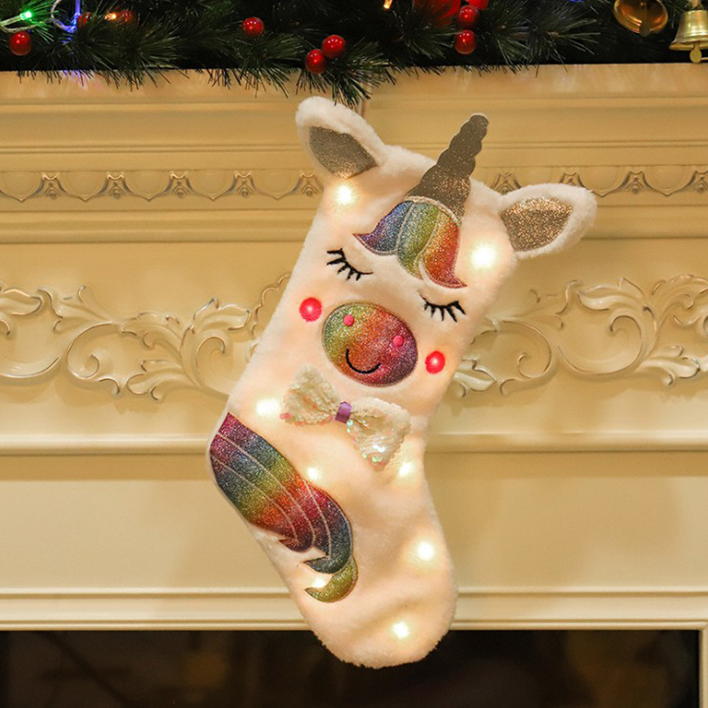 Led-einhorn-weihnachtsstrumpf Mit Süßigkeitentüte (1 Stück), Weiß, 43 X 28 X 16 Cm