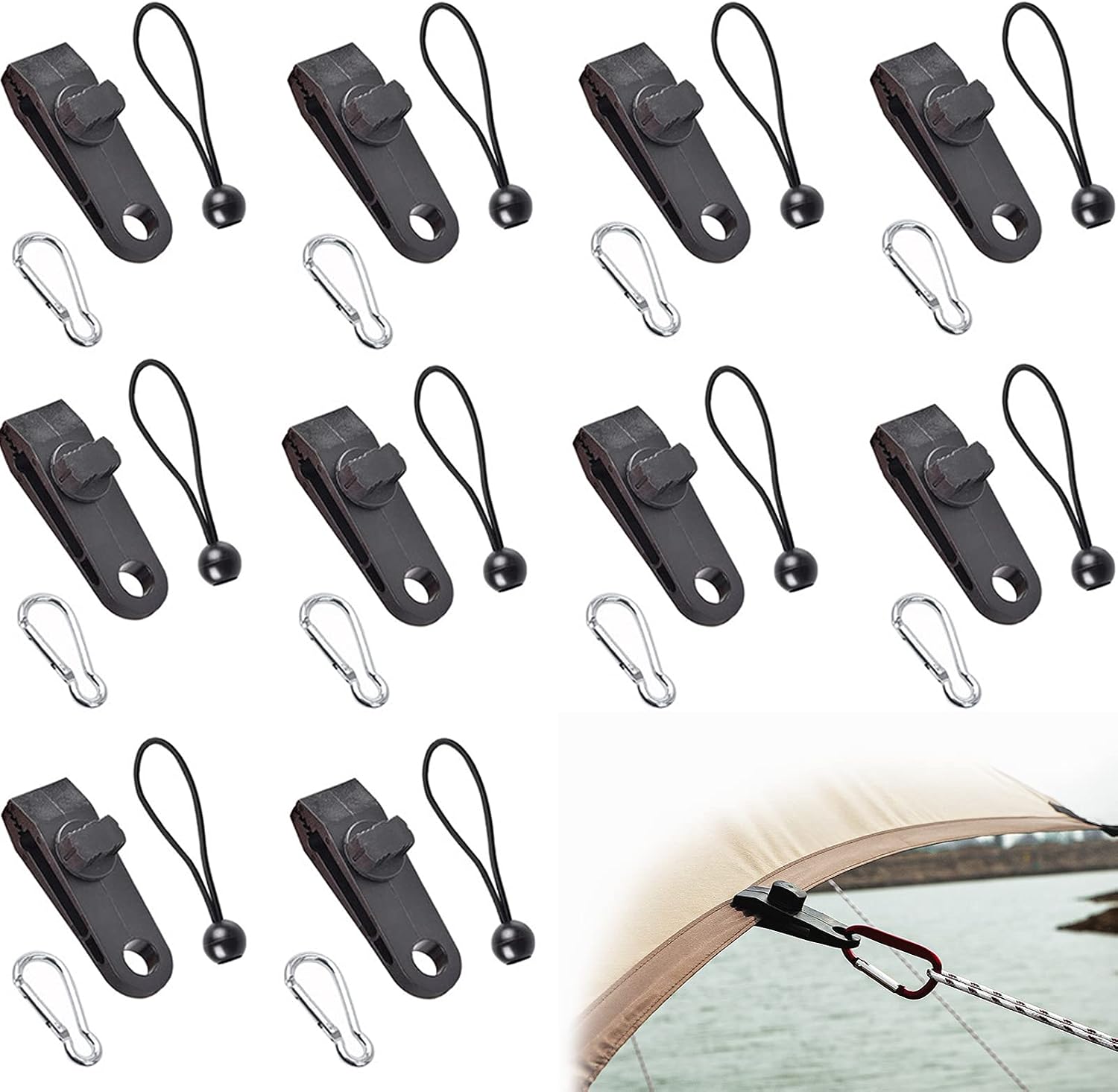 Clips De Tente Réutilisables - Lot De 10 Avec Cordons Élastiques Et Mousquetons, Pour Auvent, Bâche, Bateau
