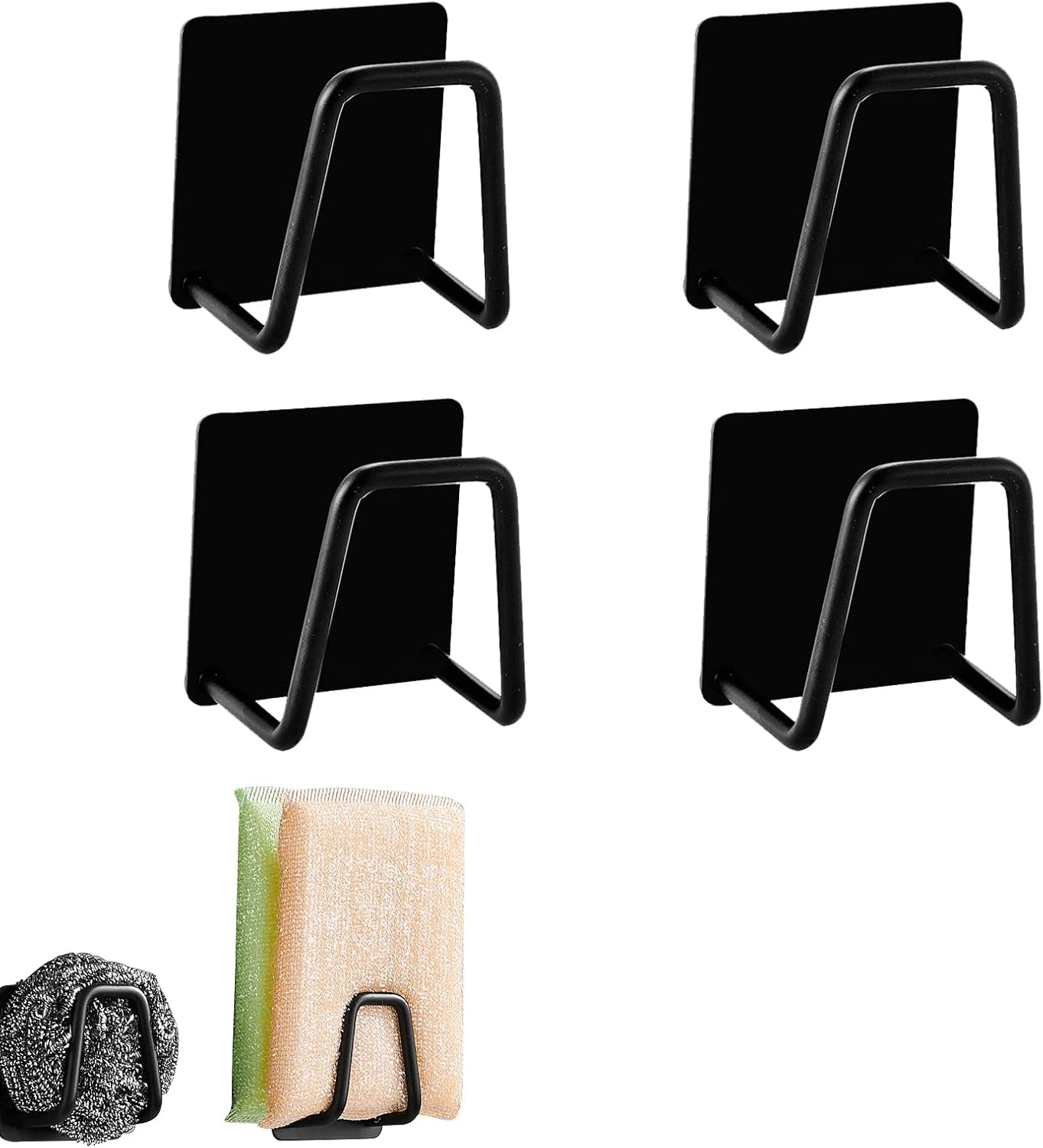 Porte-éponge Auto-adhésif En Acier Inoxydable - Lot De 4 Supports Muraux Pour Cuisine - Noir - Fixation Facile