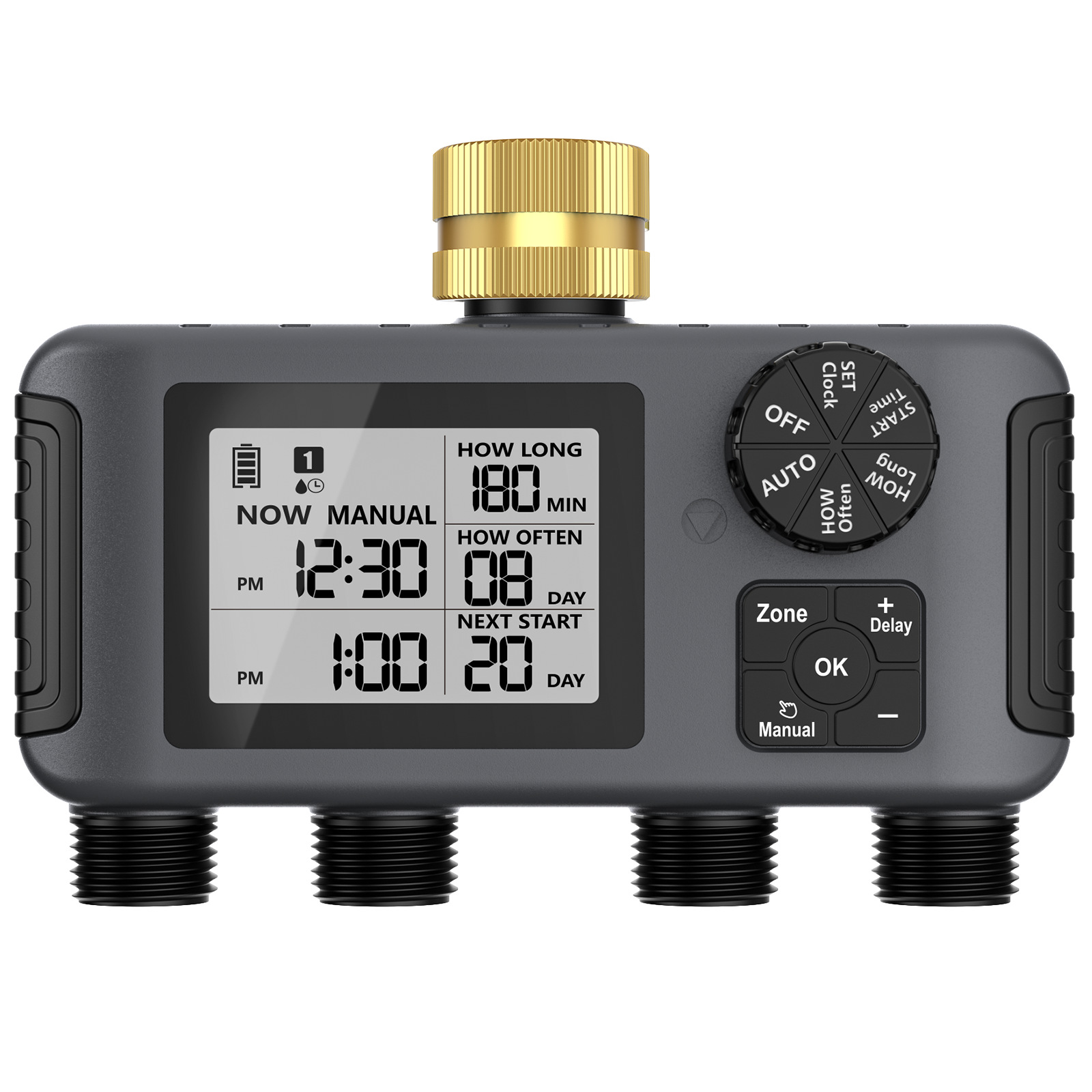 Programmateur D'Irrigation Intelligent 4 Voies Avec Télécommande, Robinet Extérieur Bsp 3/4", Contrôle Individuel, Fonction Pluie, Pour Jardin Et Terrasse, Ipx5