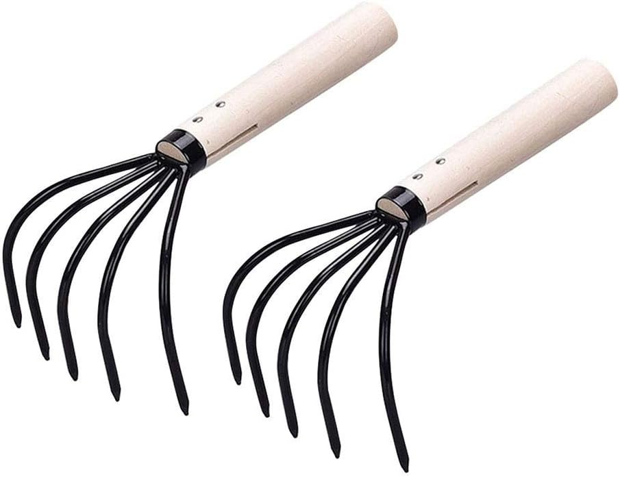 Cultivateur À Main 5 Dents - Lot De 2 Petits Râteaux Avec Manche En Bois - Pour Ameublir La Terre Et Désherber Les Massifs