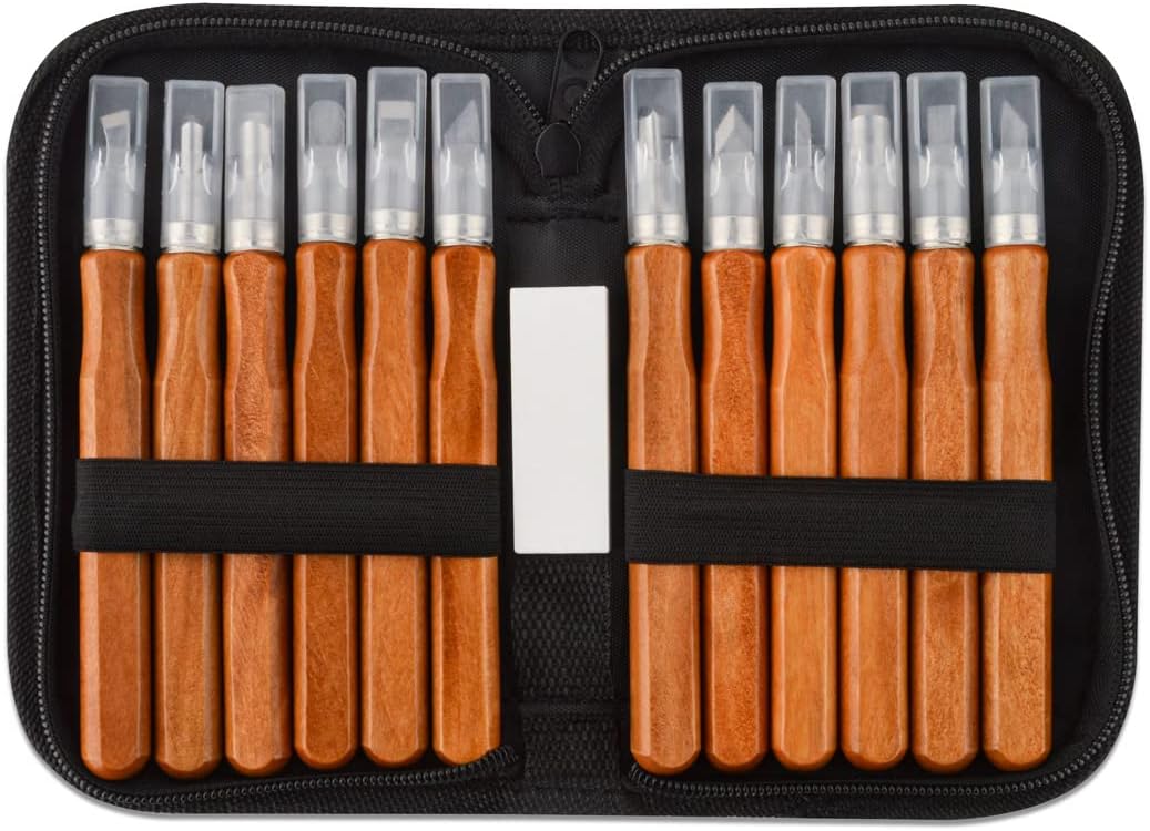 Ensemble De Ciseaux À Bois De Sculpture - 12 Outils Professionnels Avec Poignées Ergonomiques Et Étui De Rangement - Pour Débutants Et Experts